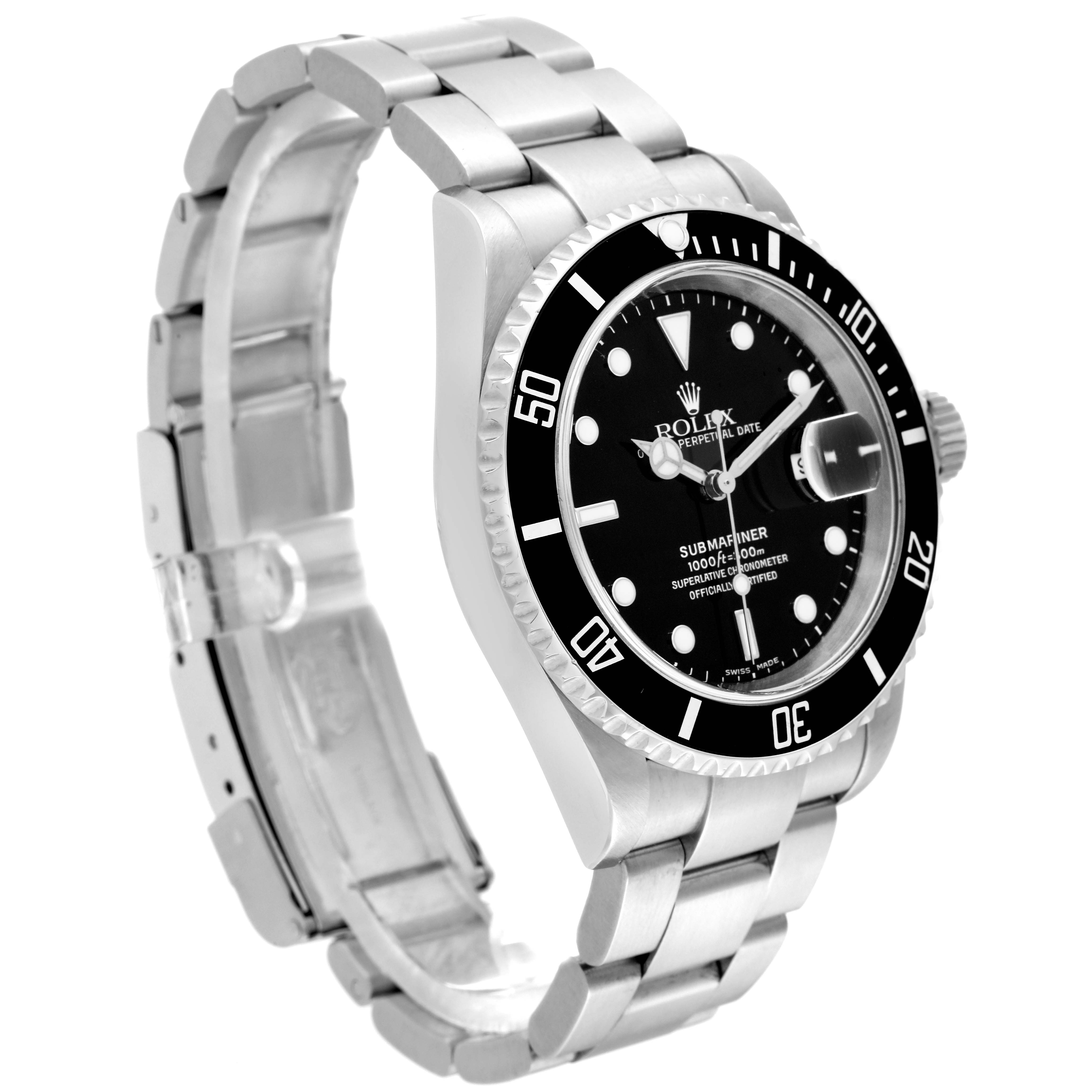 The image shows a Rolex Submariner 16610 Men
s Stainless Steel Black Dial 16610 Men
s Stainless Steel Black Dial watch at a three-quarter angle, displaying its bezel, dial, case, and metal bracelet.