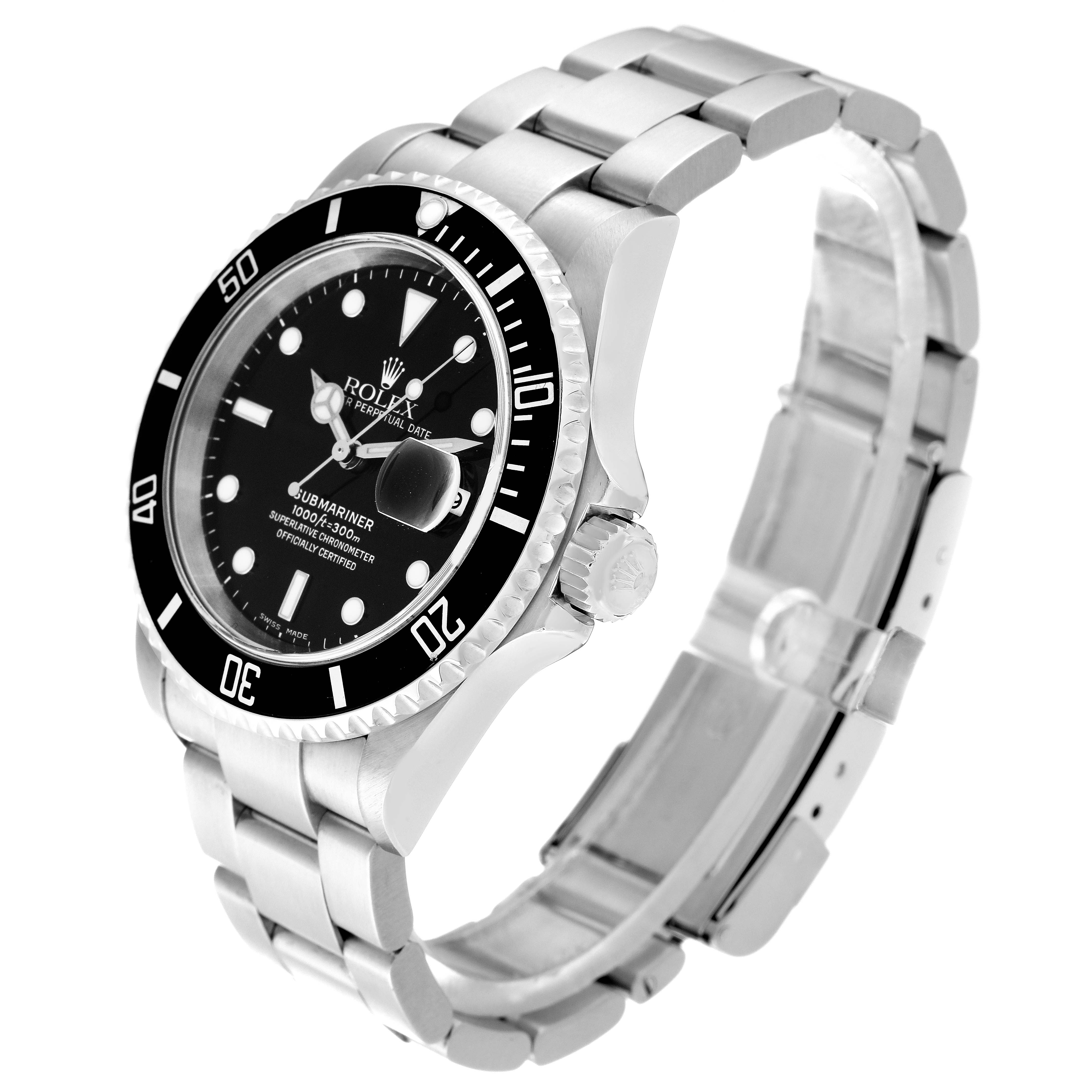 The image shows a Rolex Submariner 16610 Men
s Stainless Steel Black Dial 16610 Men
s Stainless Steel Black Dial watch at a three-quarter angle, highlighting the black bezel, dial, and stainless steel bracelet.