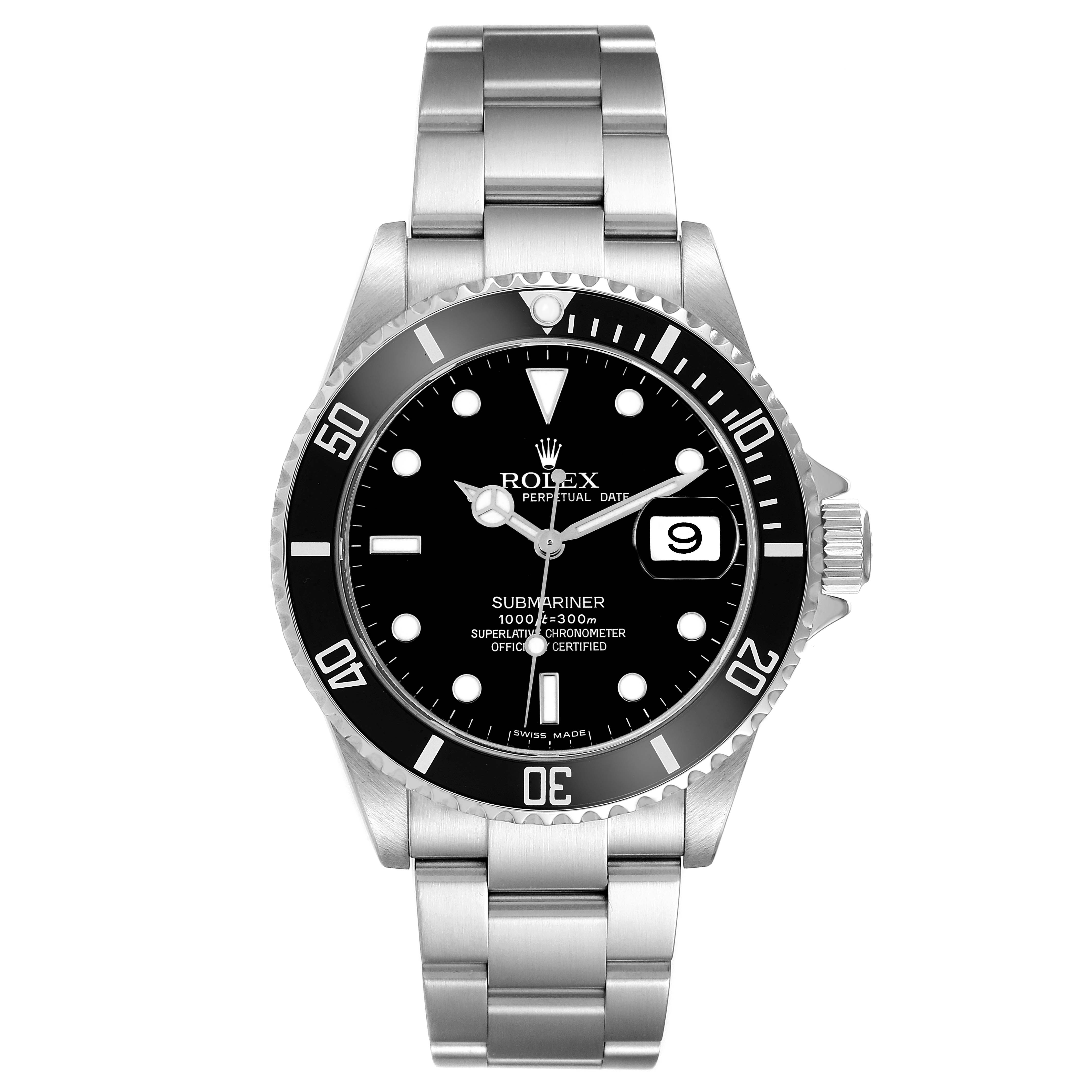 The image shows a front view of a Rolex Submariner 16610 Men
s Stainless Steel Black Dial 16610 Men
s Stainless Steel Black Dial watch, highlighting its black dial, bezel, and metal bracelet.