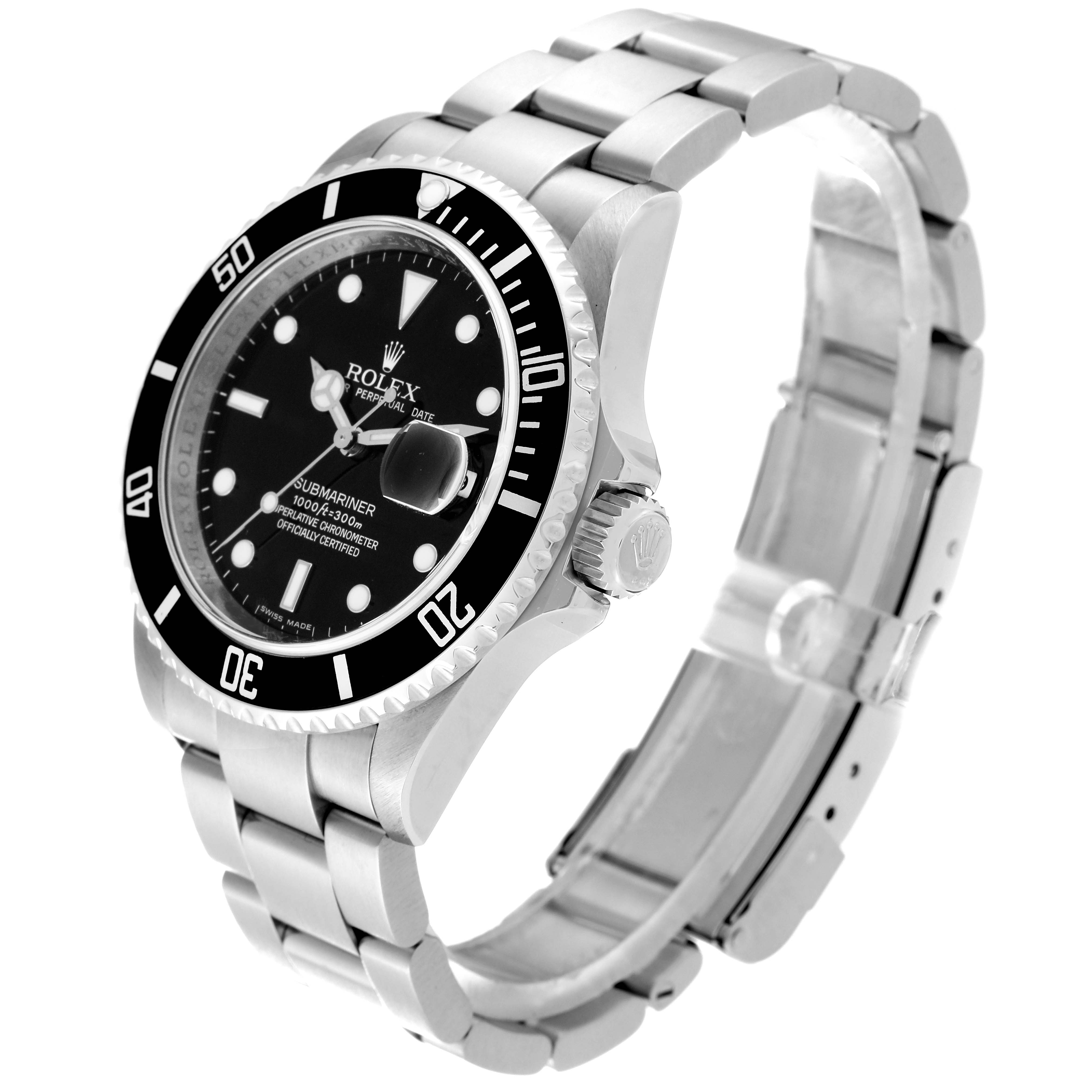 The Rolex Submariner 16610 Men
s Stainless Steel Black Dial 16610 Men
s Stainless Steel Black Dial watch is shown at a slight angle, revealing the face, bezel, crown, and metal bracelet.