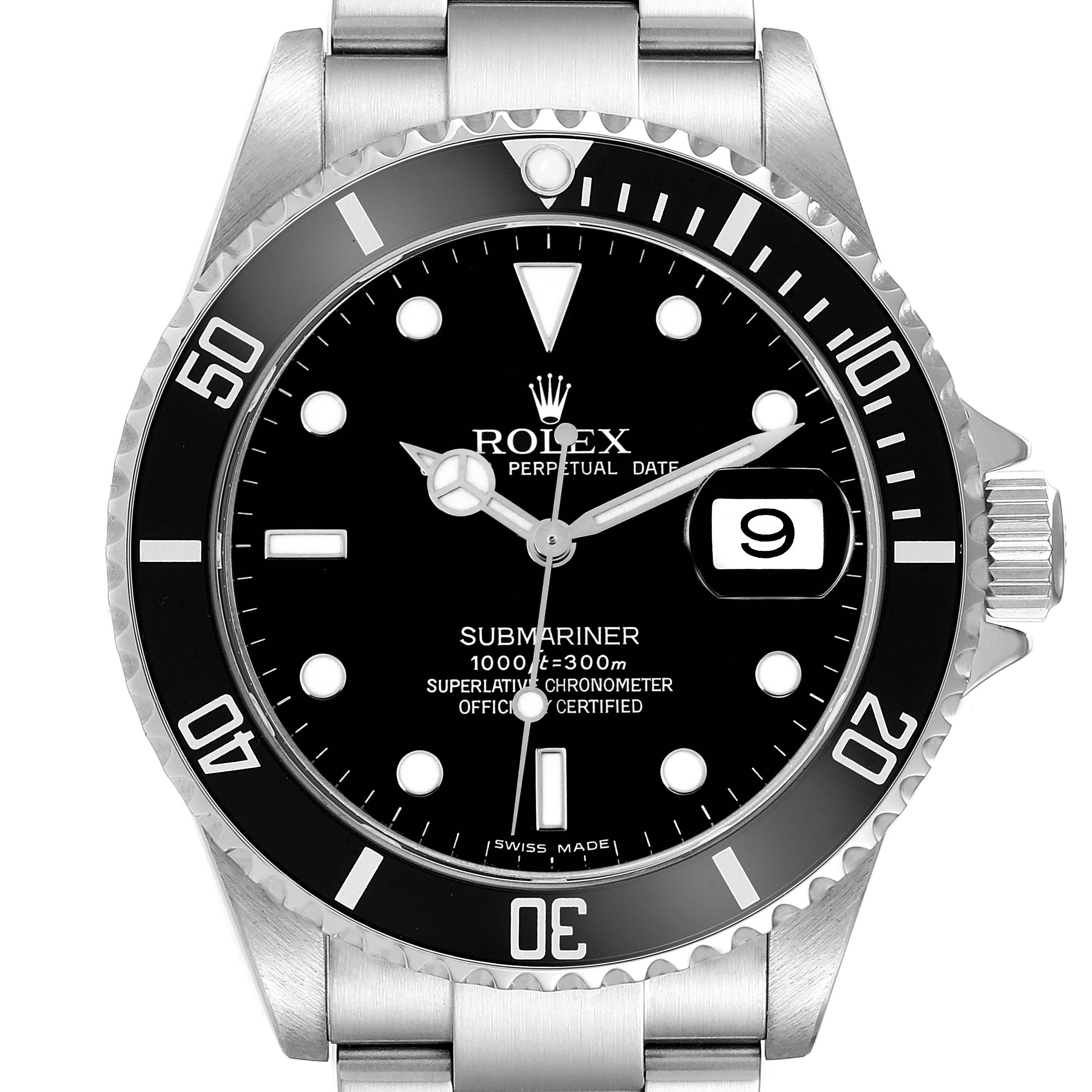 The image shows a front view of the Rolex Submariner 16610 Men
s Stainless Steel Black Dial 16610 Men
s Stainless Steel Black Dial watch, displaying the dial, bezel, case, and part of the bracelet.
