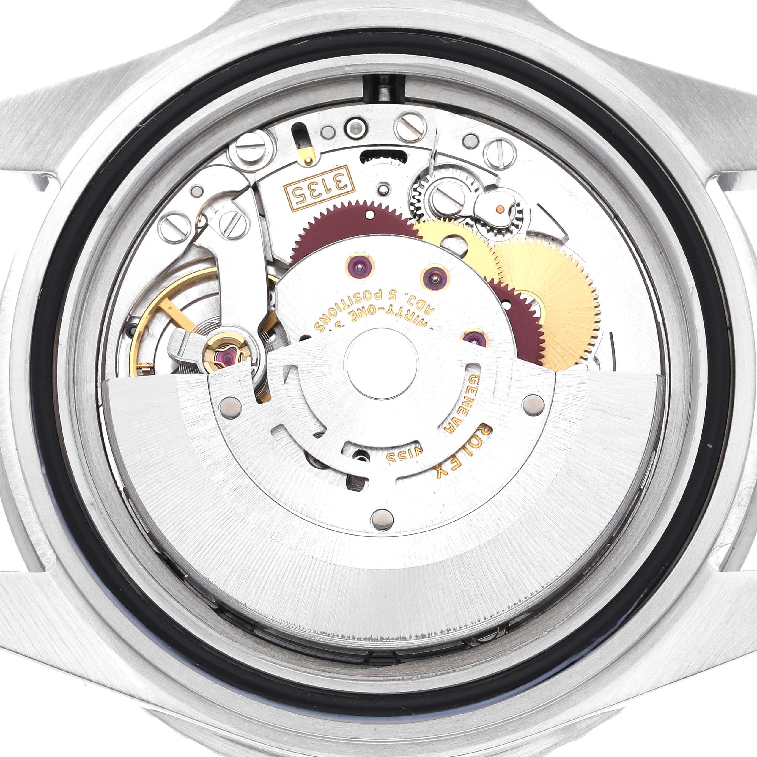 This image shows the internal mechanical movement of a Rolex Submariner 16610 Men
s Stainless Steel Black Dial 16610 Men
s Stainless Steel Black Dial watch from a rear angle, highlighting gears and components.