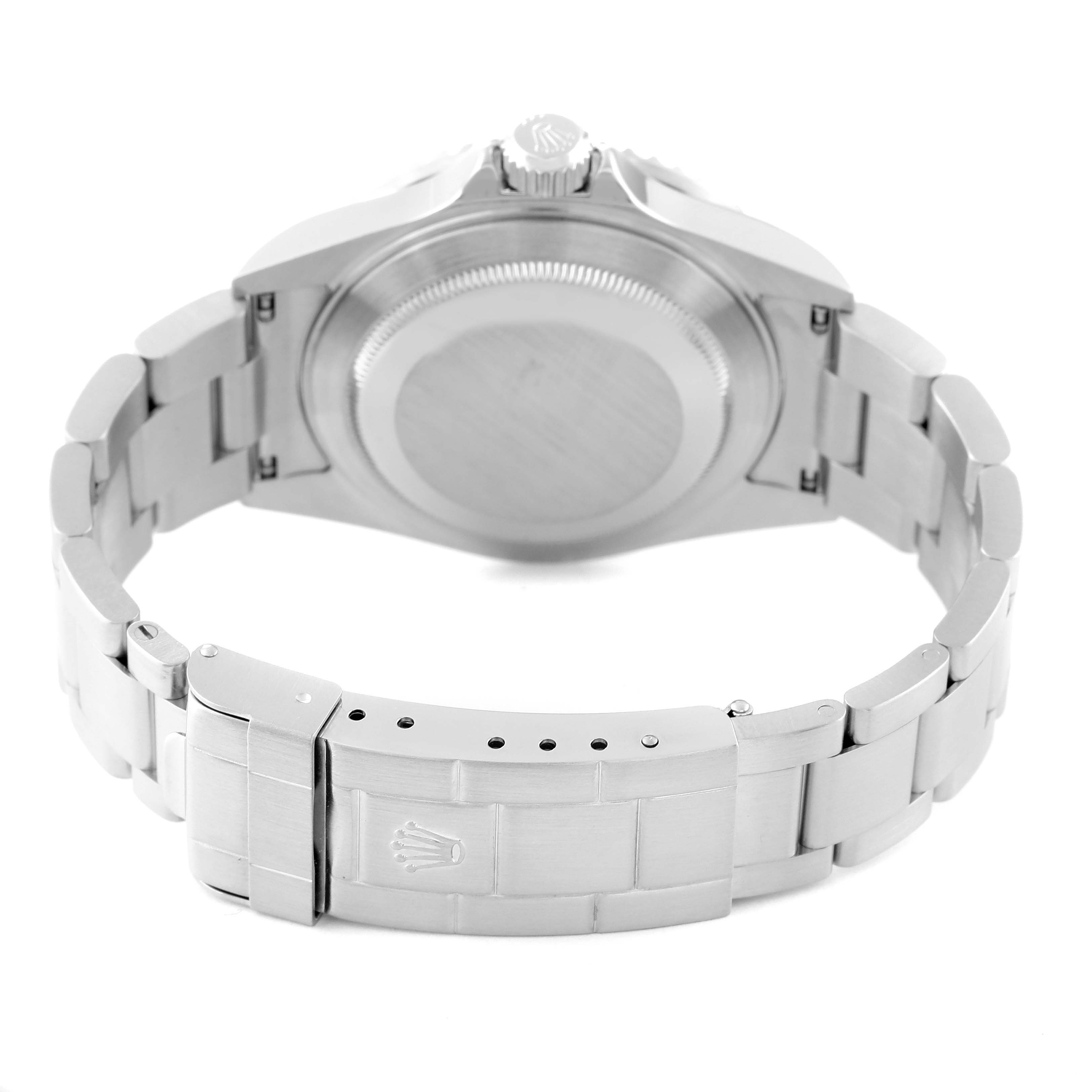 The image shows the back view of a Rolex Submariner 16610 Men
s Stainless Steel Black Dial 16610 Men
s Stainless Steel Black Dial, highlighting the case back, bracelet, and clasp.