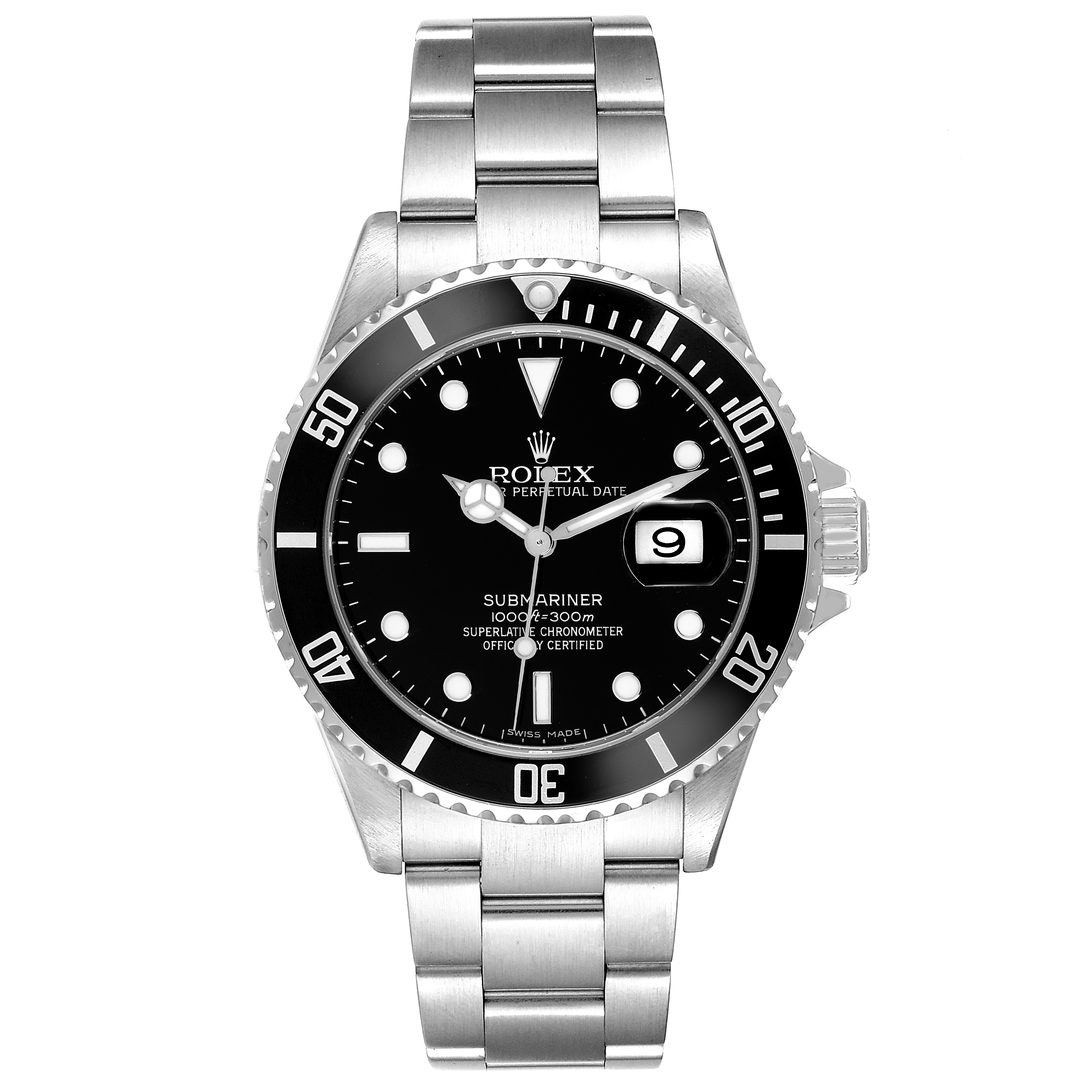 The Rolex Submariner 16610 Men
s Stainless Steel Black Dial 16610 Men
s Stainless Steel Black Dial watch is shown from a front angle, displaying the dial, bezel, and bracelet.