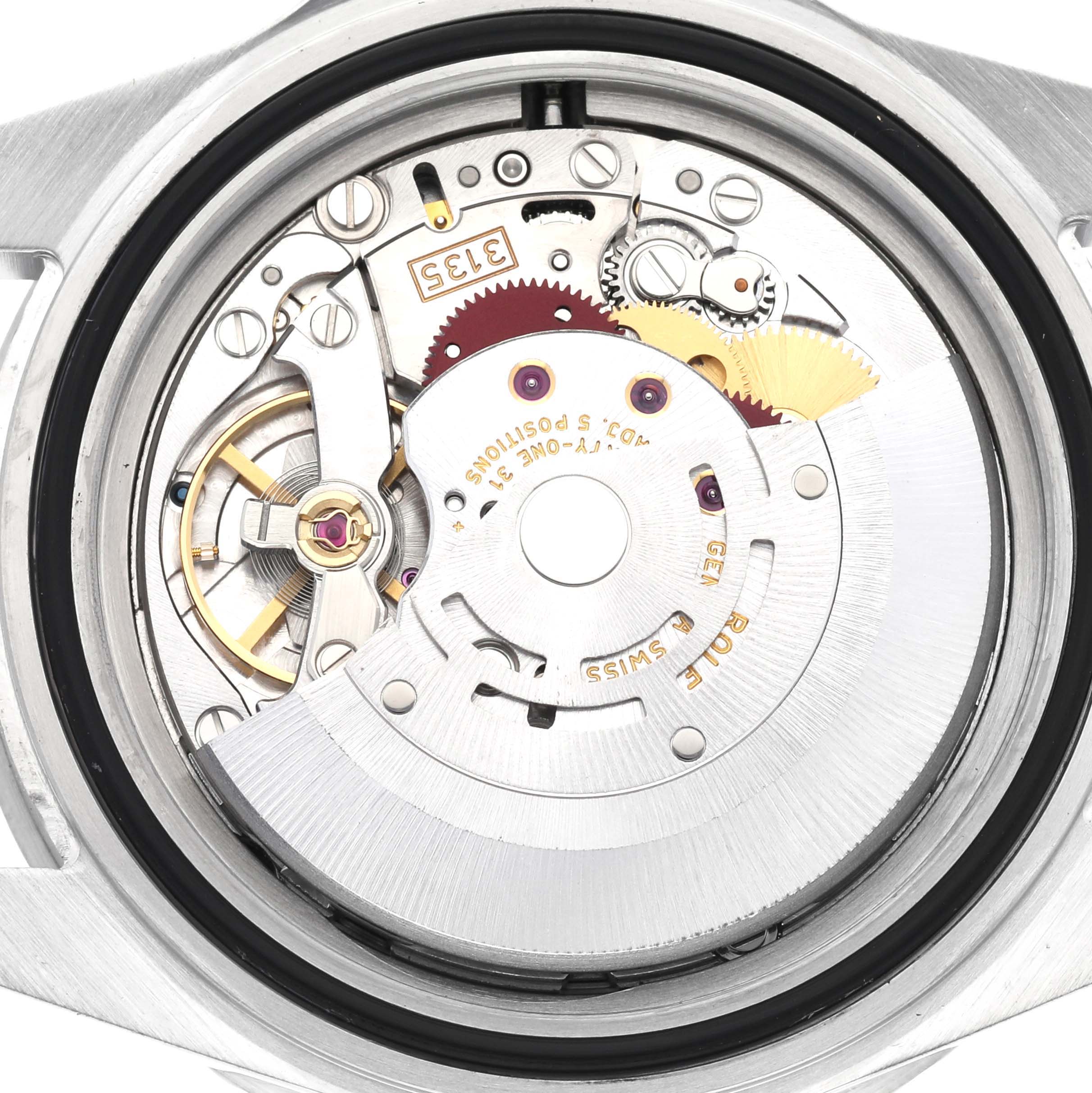 This is a close-up view of the movement inside a Rolex Submariner 16610 Men
s Stainless Steel Black Dial 16610 Men
s Stainless Steel Black Dial watch, showing gears and mechanical components.