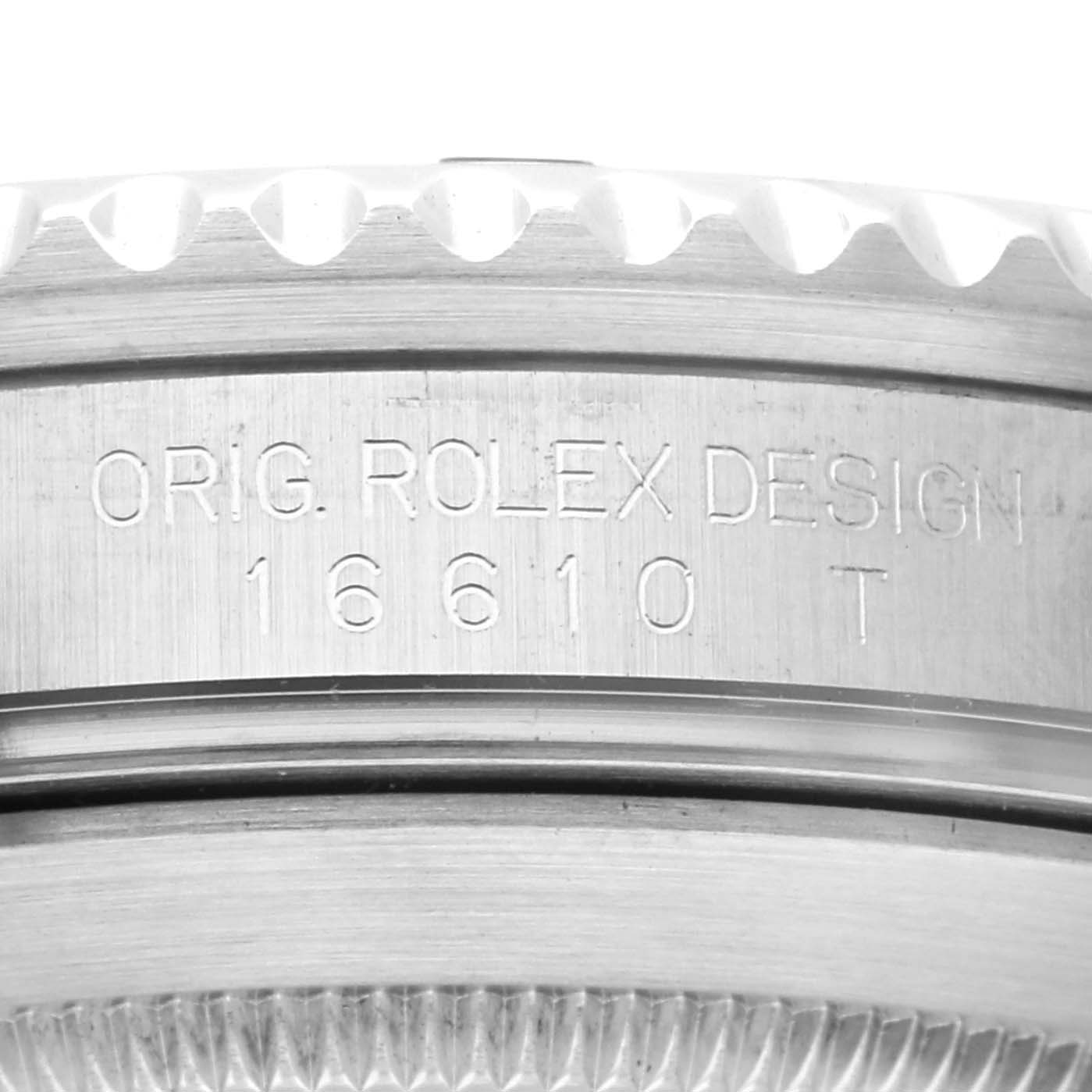 This image shows a close-up of the engravings on the case side of a Rolex Submariner 16610 Men
s Stainless Steel Black Dial 16610 Men
s Stainless Steel Black Dial model 16610T.