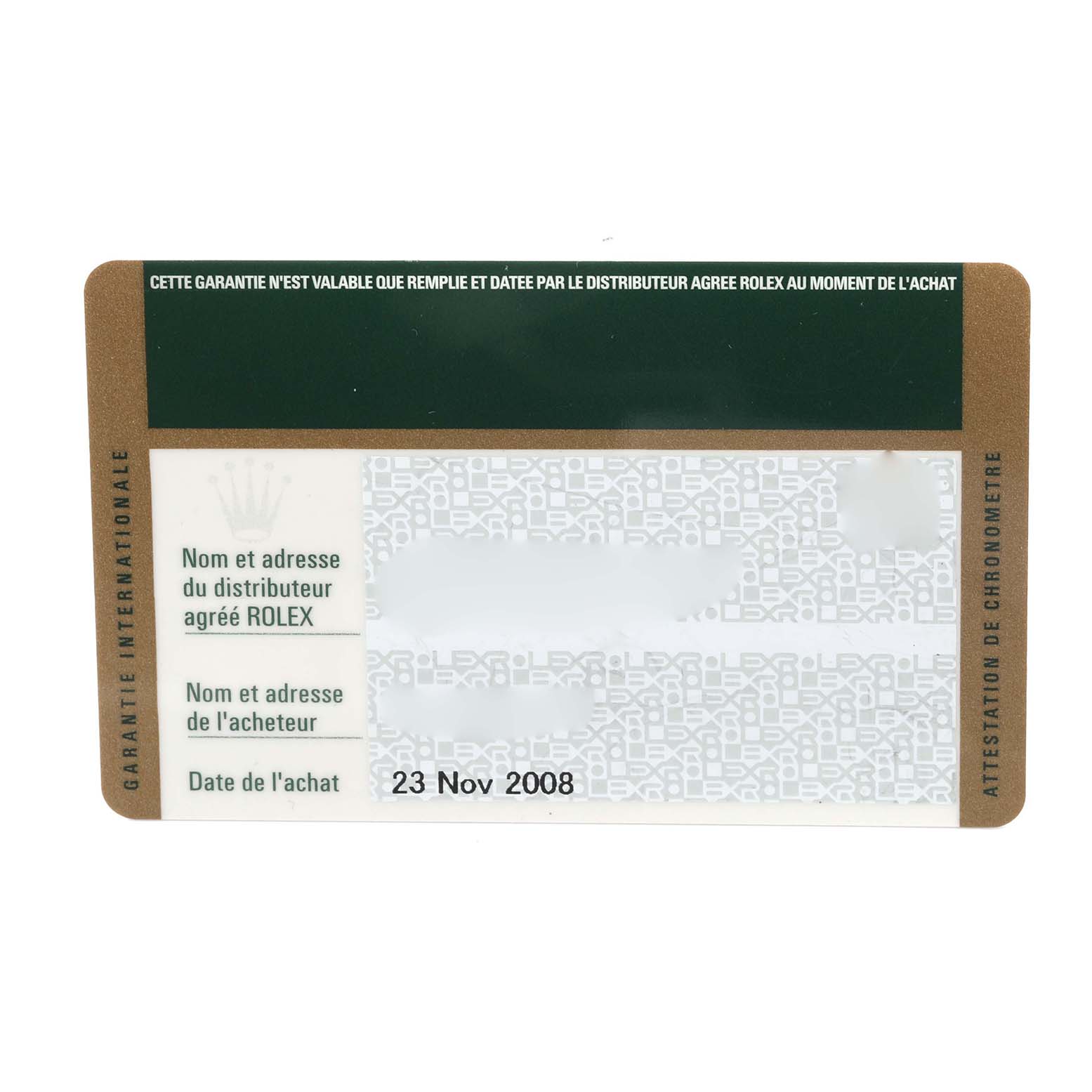 This image shows a warranty card for a Rolex Submariner 16610 Men
s Stainless Steel Black Dial 16610 Men
s Stainless Steel Black Dial watch, featuring purchase details and an Best Quality
ation pattern.