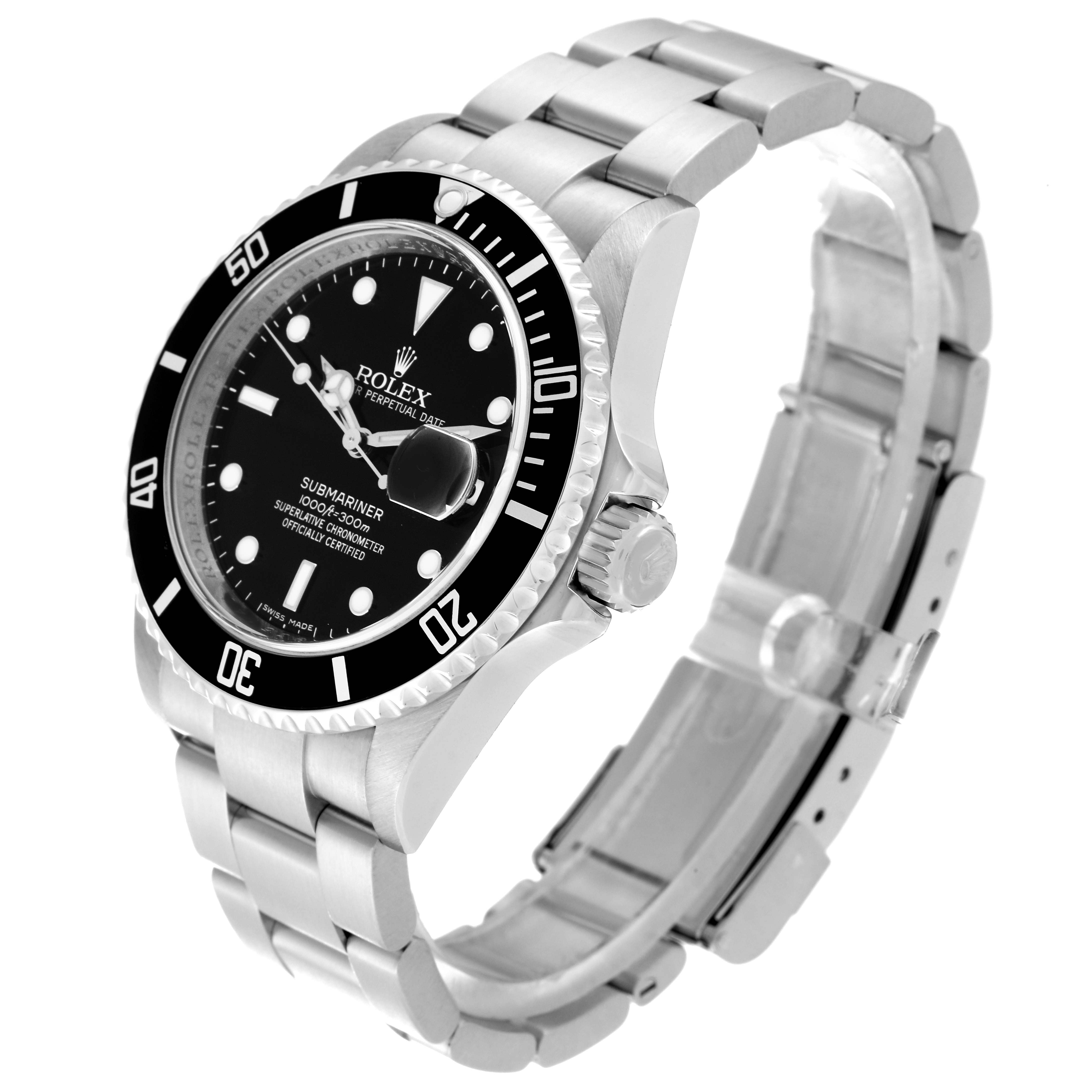 The Rolex Submariner 16610 Men
s Stainless Steel Black Dial 16610 Men
s Stainless Steel Black Dial watch is shown at an angled view, displaying the face, bezel, crown, and stainless steel bracelet.