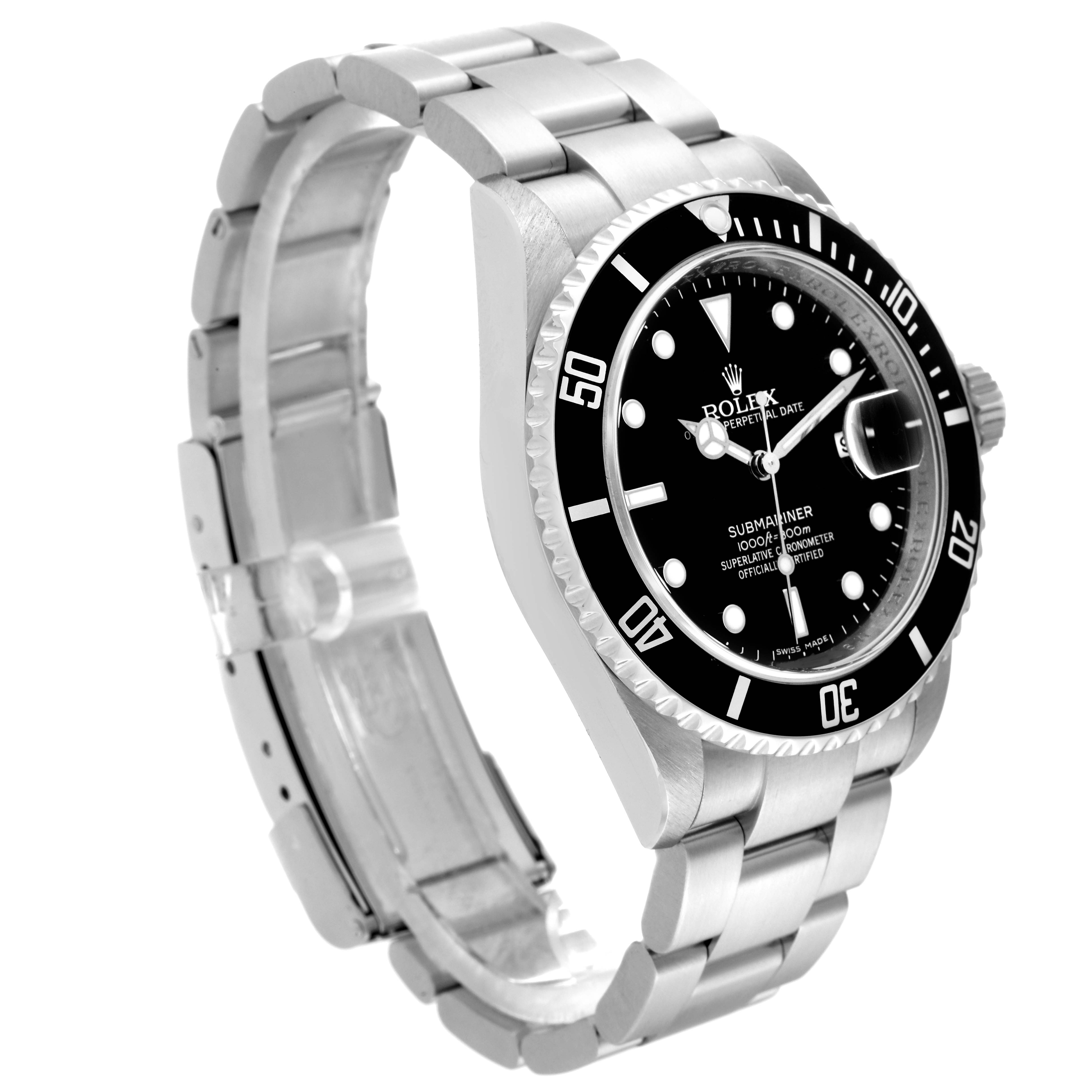 The image shows a Rolex Submariner 16610 Men
s Stainless Steel Black Dial 16610 Men
s Stainless Steel Black Dial watch at an angled side view, highlighting the bracelet, bezel, dial, and crown.