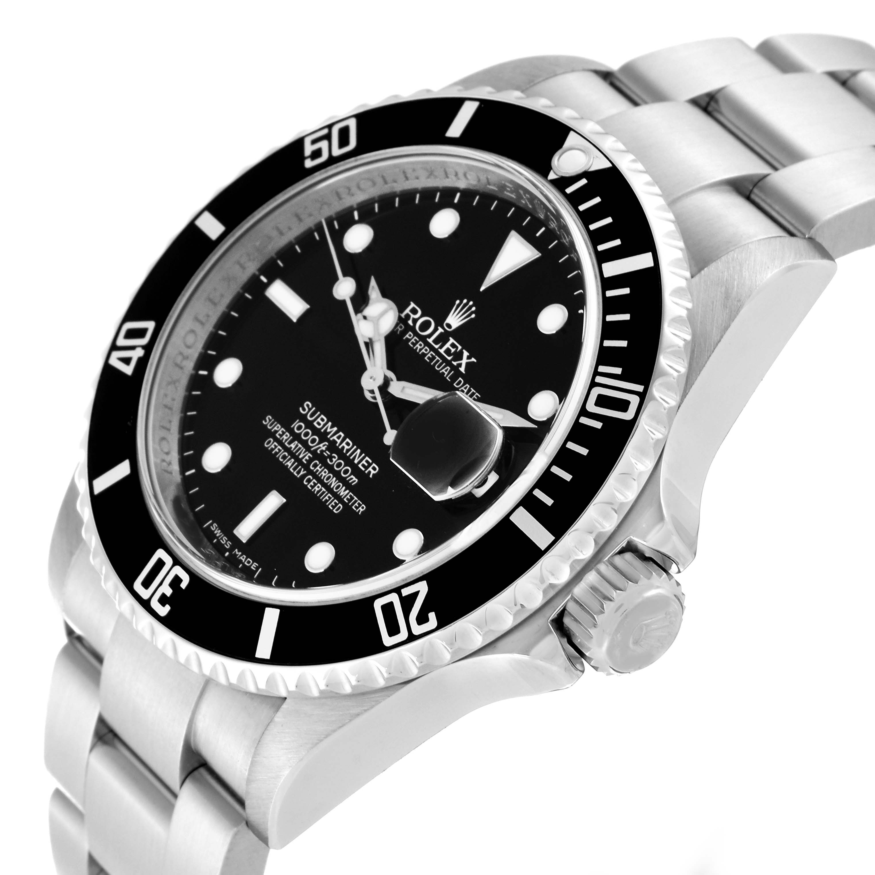 This image shows a Rolex Submariner 16610 Men
s Stainless Steel Black Dial 16610 Men
s Stainless Steel Black Dial watch angled from the front right, highlighting the bezel, dial, and part of the bracelet.