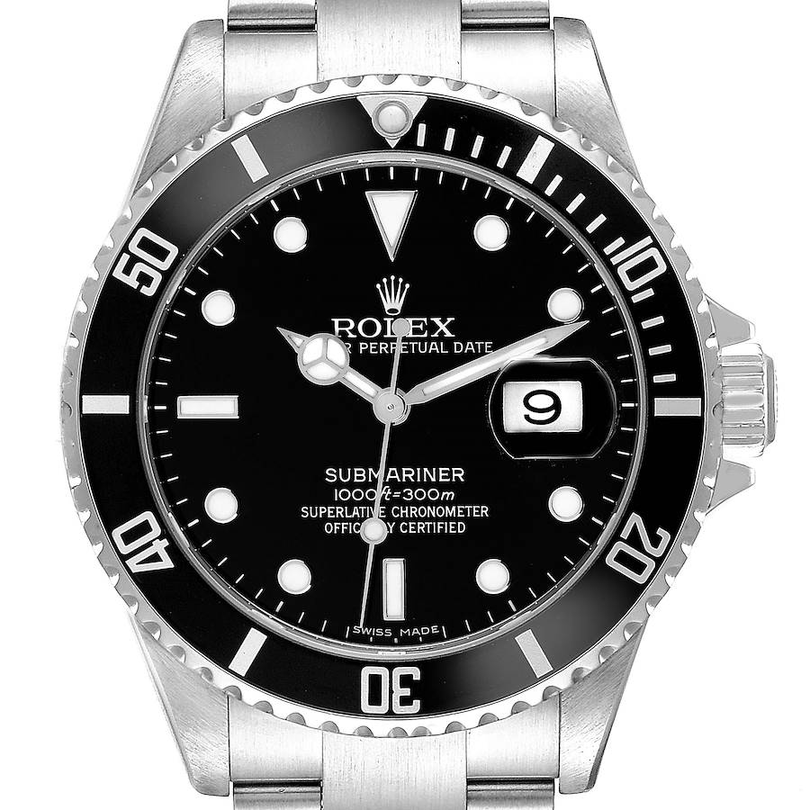 This image shows a frontal view of a Rolex Submariner watch, highlighting its black dial, bezel, and date window.