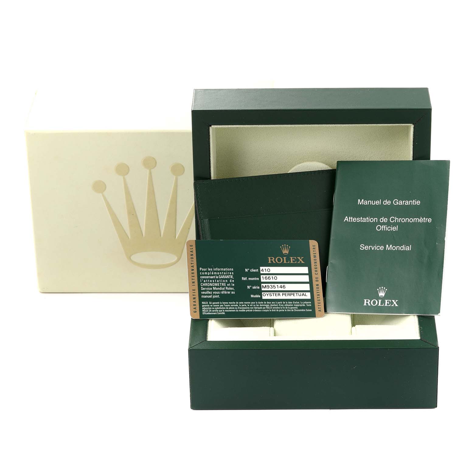 The image shows the packaging, warranty card, and manuals for the Rolex Submariner 16610 Men
s Stainless Steel Black Dial 16610 Men
s Stainless Steel Black Dial watch model.