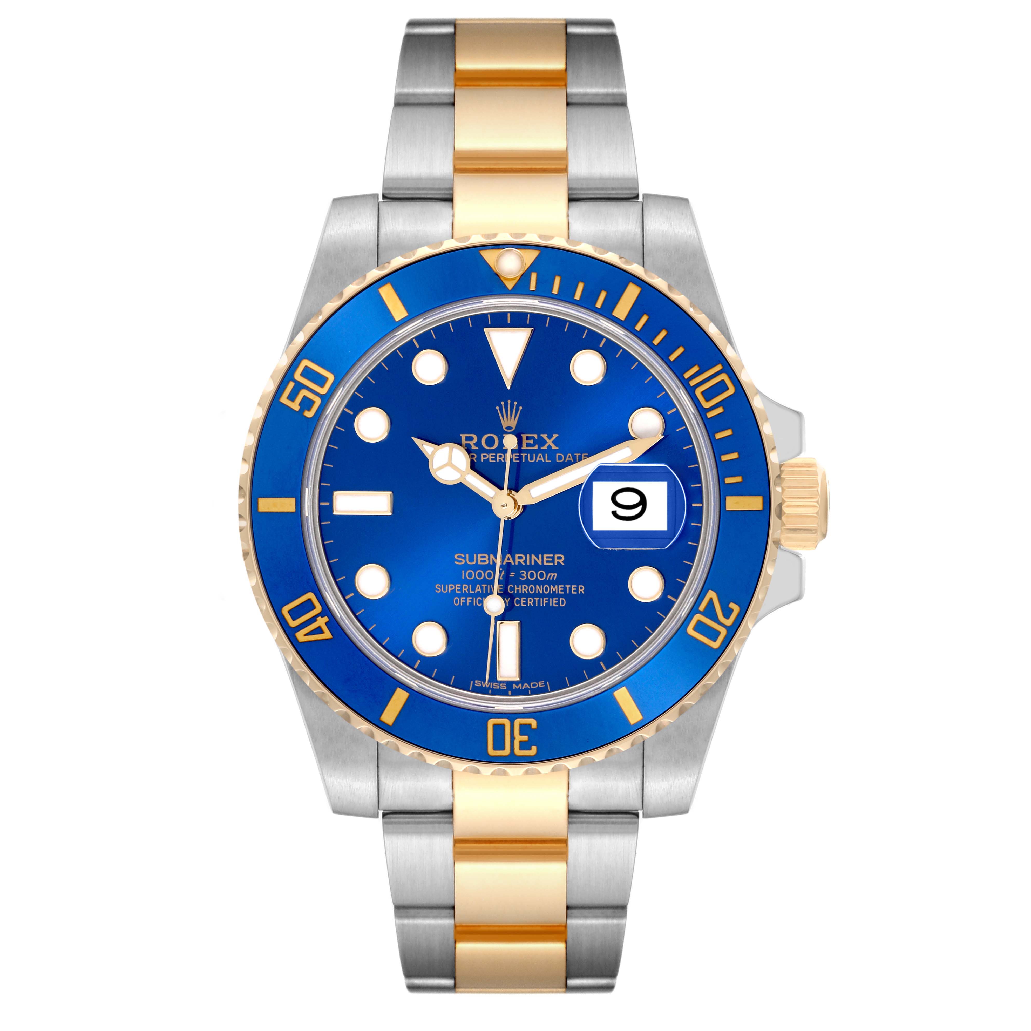 The Rolex Submariner 64733 Men's Steel and Gold (two tone) Blue Dial 64733 Men's Steel and Gold (two tone) Blue Dial is shown from a front angle, displaying its blue dial, gold accents, and two-tone bracelet.