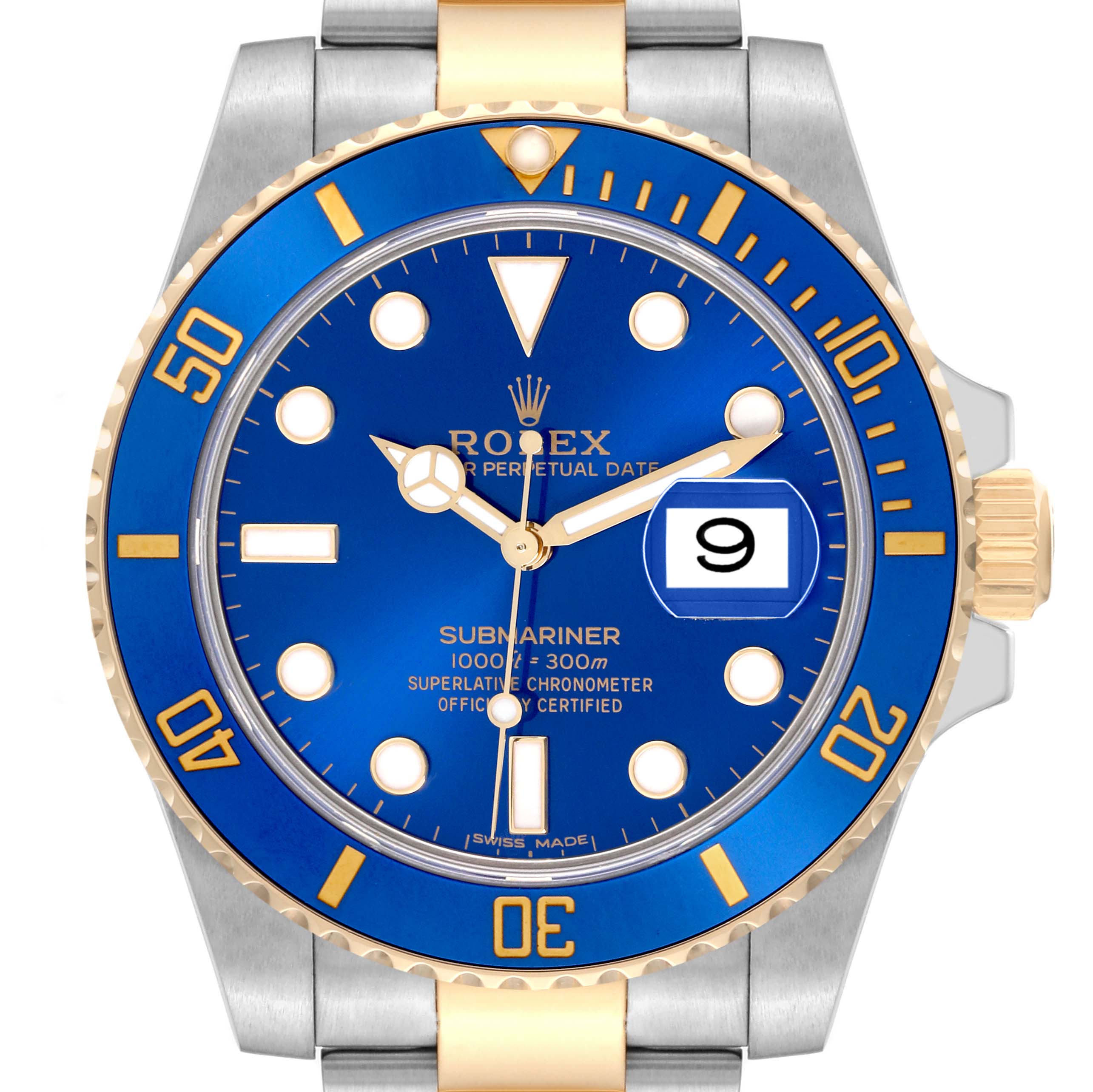 This image shows a front view of a Rolex Submariner 64733 Men's Steel and Gold (two tone) Blue Dial 64733 Men's Steel and Gold (two tone) Blue Dial watch, highlighting its blue dial, gold bezel, and date window.