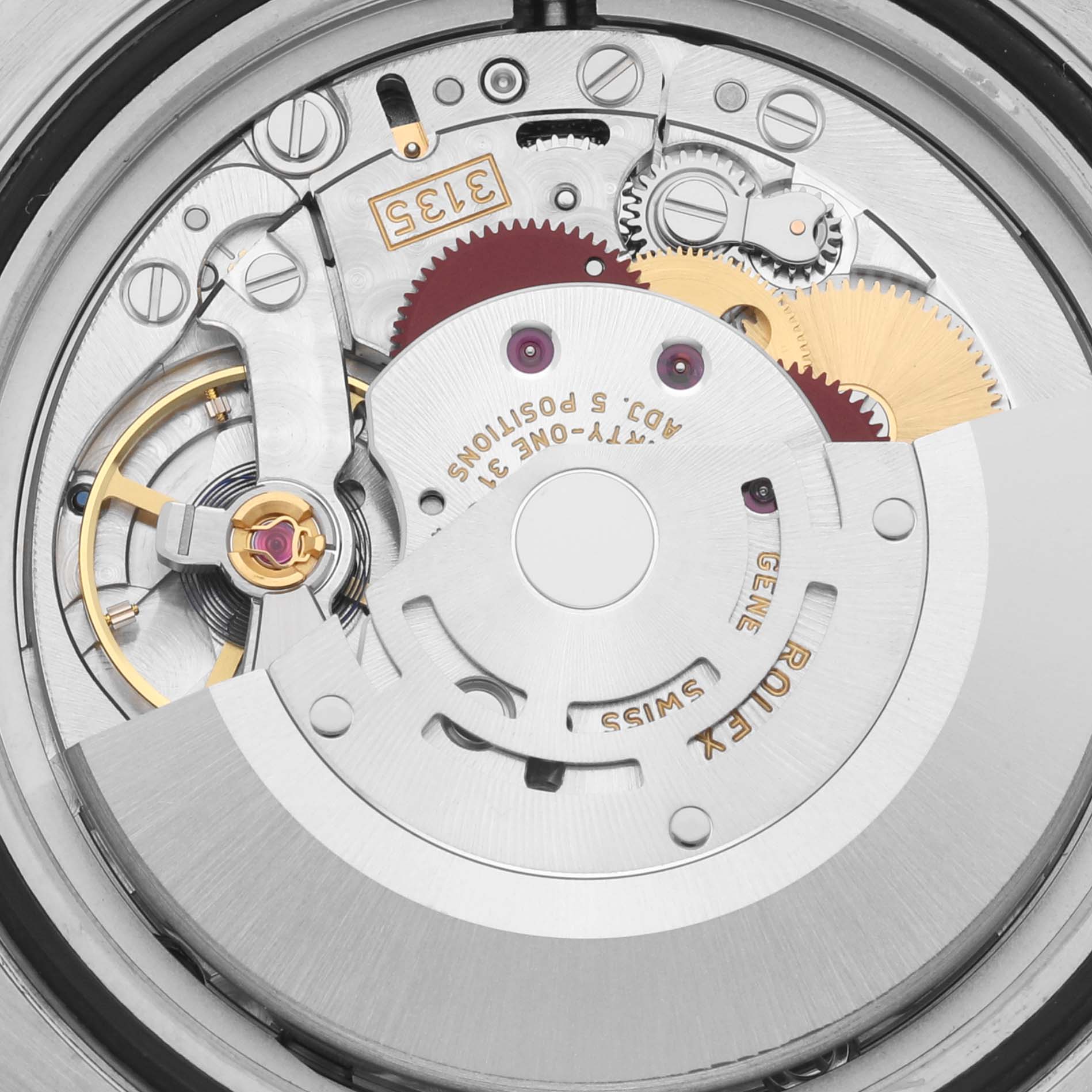 This image shows a close-up of the Rolex Submariner 64733 Men's Steel and Gold (two tone) Blue Dial 64733 Men's Steel and Gold (two tone) Blue Dial's intricate internal movement from a top-down angle.