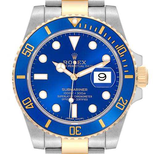 This image shows a front view of a Rolex Submariner watch, highlighting the blue dial, gold accents, and date window.