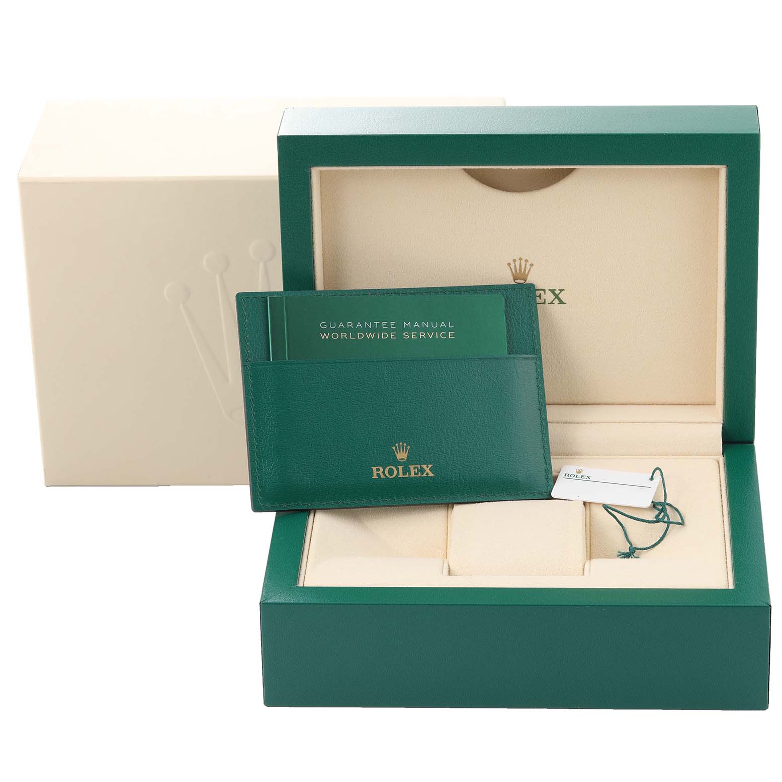 The image shows the packaging, guarantee manual, and tags for a Rolex Submariner 64733 Men's Steel and Gold (two tone) Blue Dial 64733 Men's Steel and Gold (two tone) Blue Dial watch.