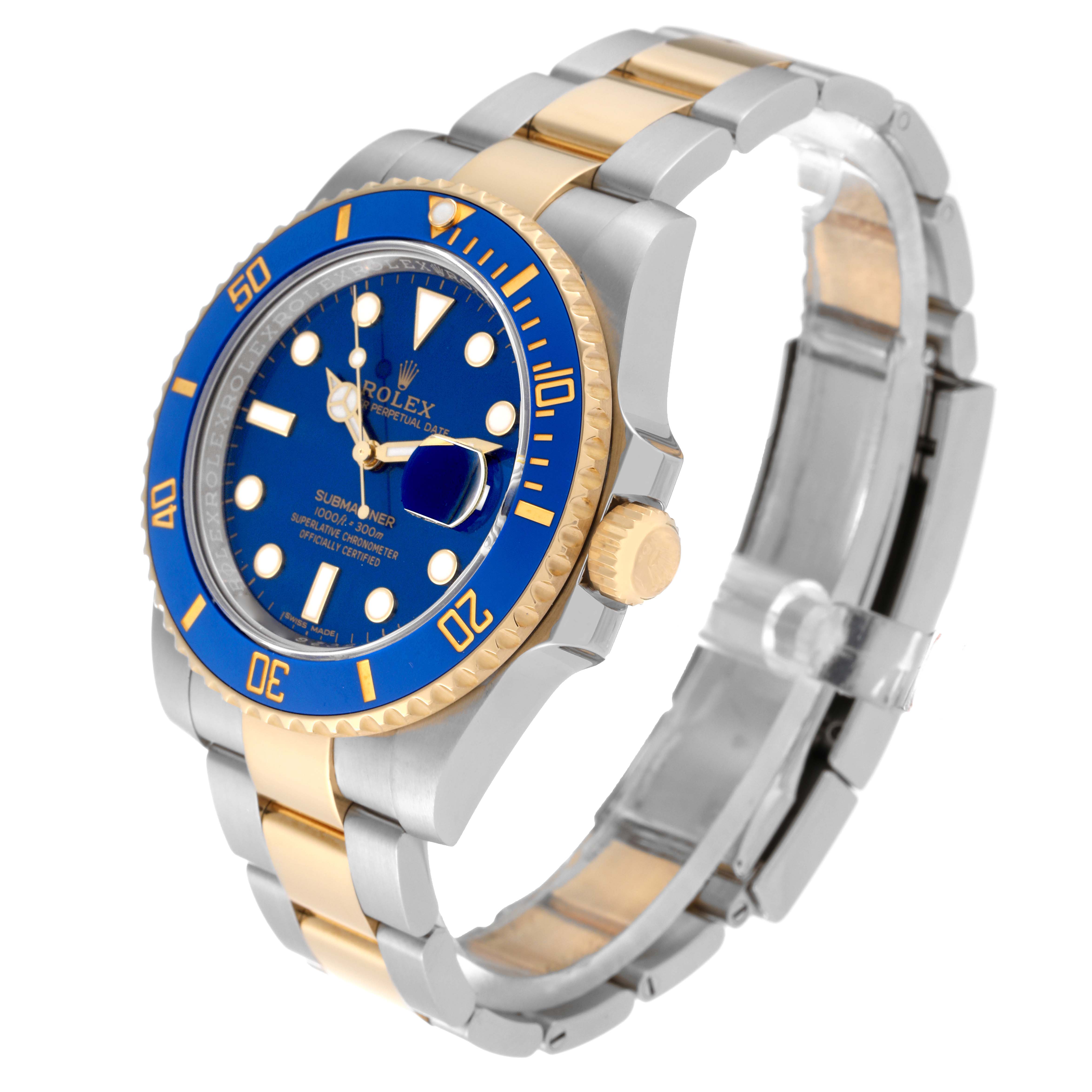 The Rolex Submariner 64733 Men's Steel and Gold (two tone) Blue Dial 64733 Men's Steel and Gold (two tone) Blue Dial watch is shown at a three-quarter angle, featuring a blue dial, blue bezel, and a two-tone bracelet.