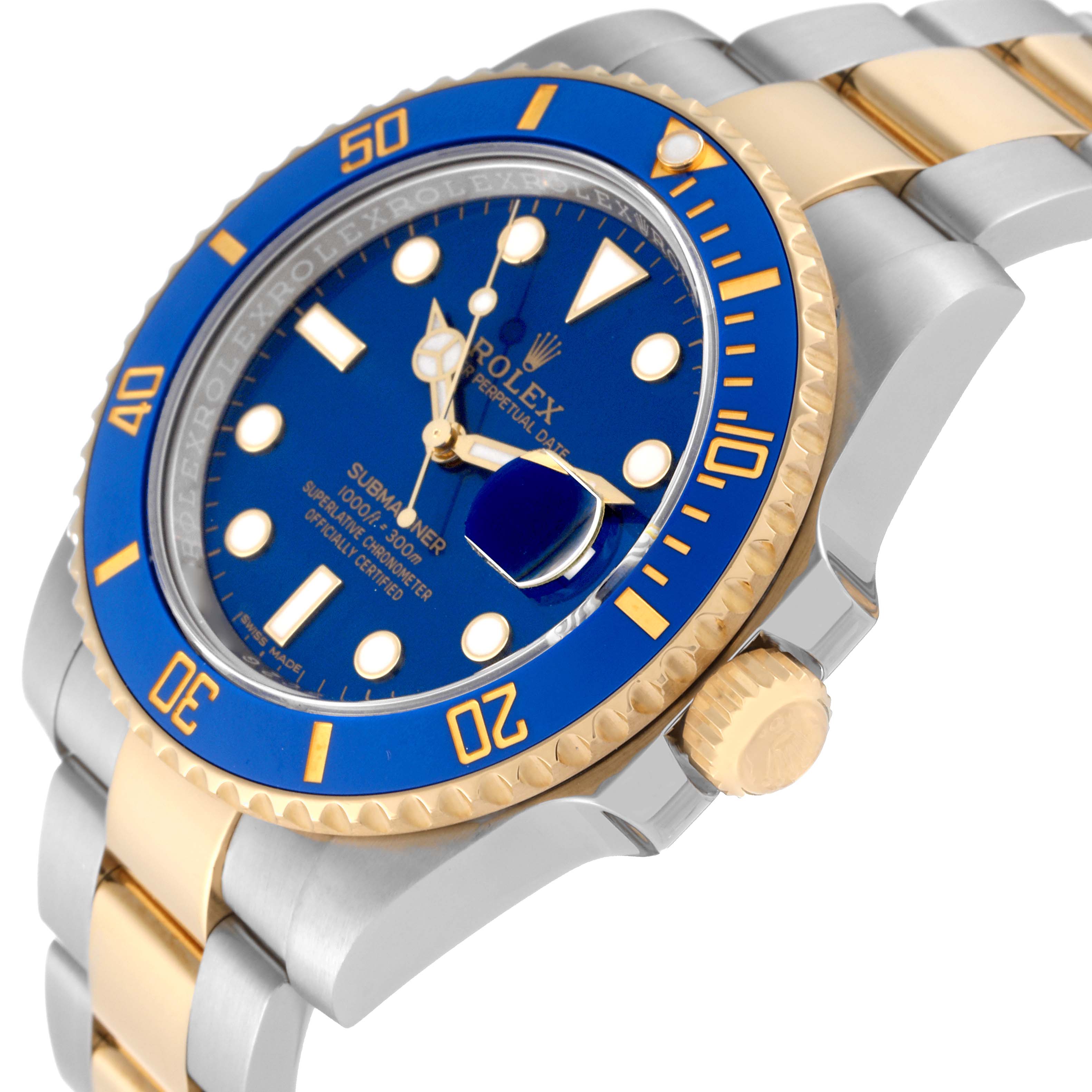 The image shows a side angle of the Rolex Submariner 64733 Men's Steel and Gold (two tone) Blue Dial 64733 Men's Steel and Gold (two tone) Blue Dial watch, highlighting its blue dial, blue bezel, and gold accents on the bracelet.