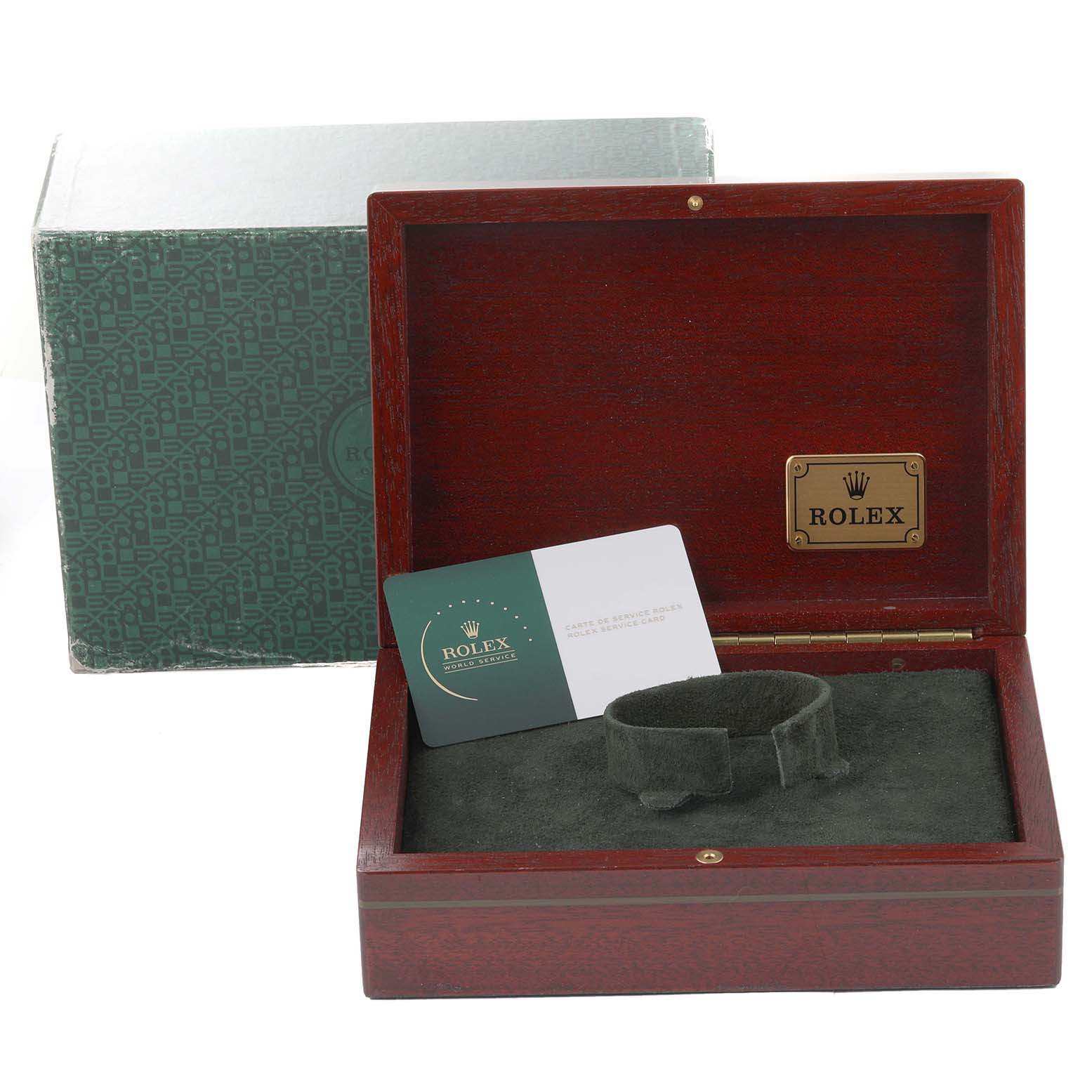 The image shows a Rolex Yacht-Master 69628 Women's Yellow Gold Blue Dial 69628 Women's Yellow Gold Blue Dial watch box, including the inner cushioning and service card, viewed from the front angle.