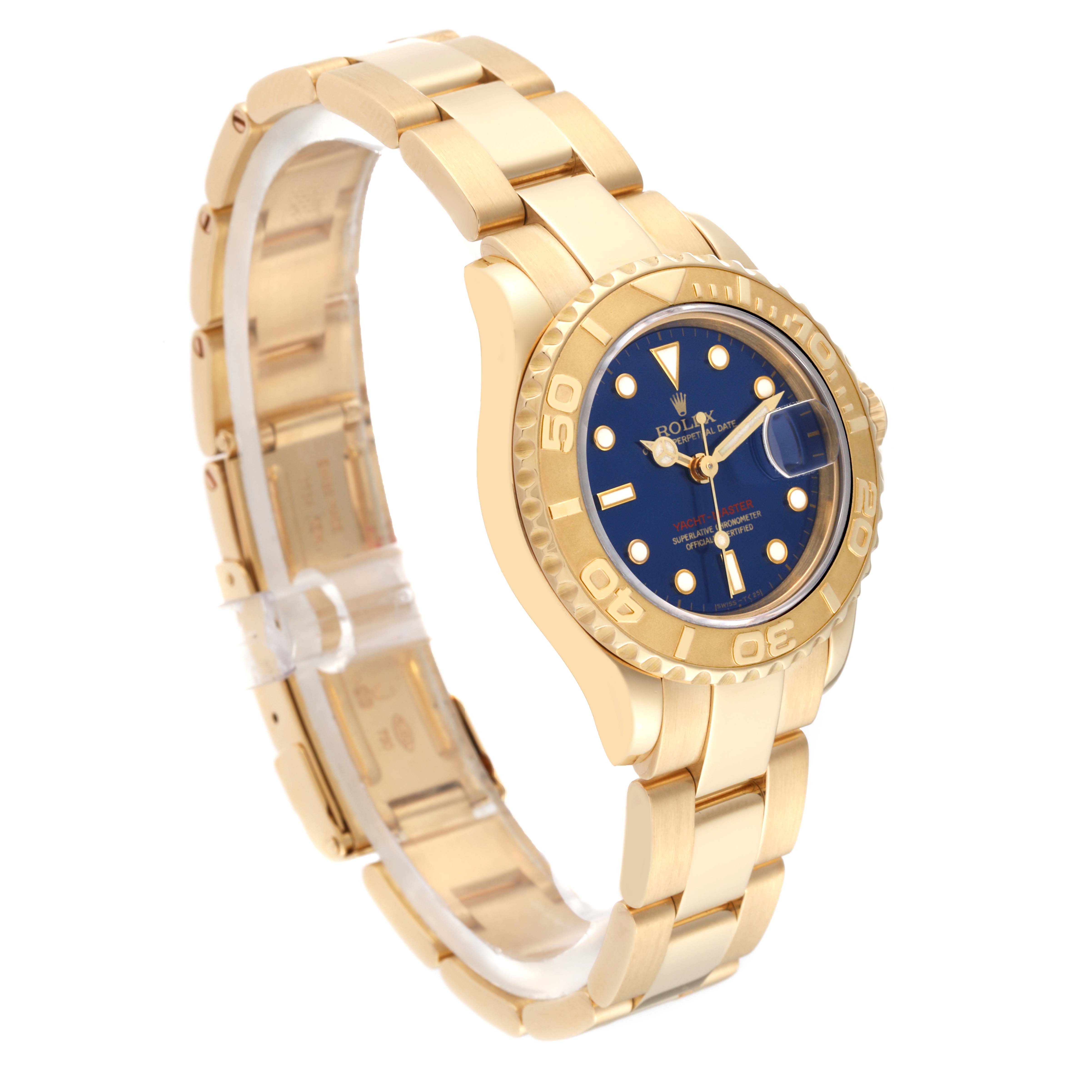 The Rolex Yacht-Master 69628 Women's Yellow Gold Blue Dial 69628 Women's Yellow Gold Blue Dial watch is shown from a three-quarter view, highlighting the gold case, blue dial, bezel, and bracelet.
