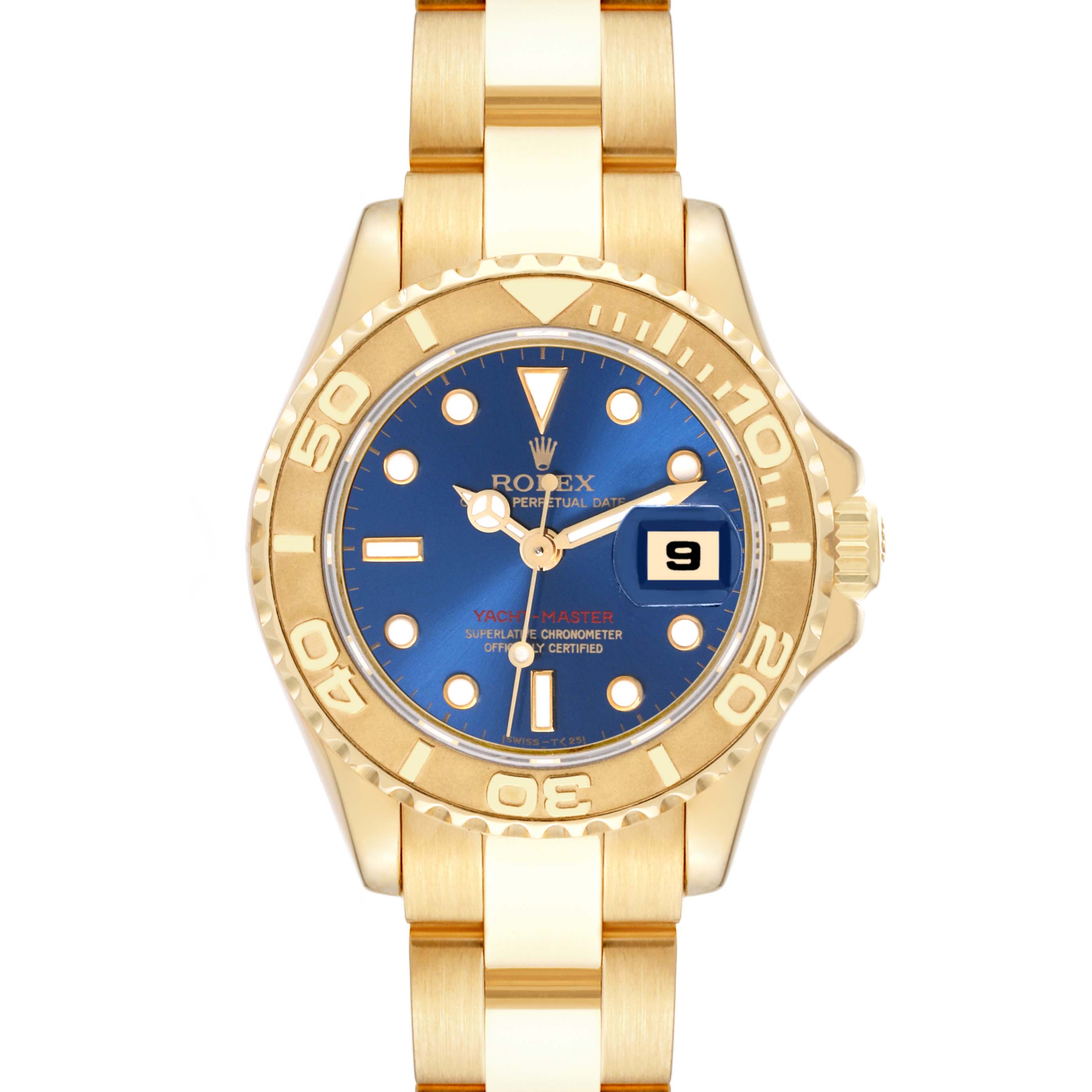 This Rolex Yacht-Master 69628 Women's Yellow Gold Blue Dial 69628 Women's Yellow Gold Blue Dial watch image shows a front view, showcasing the dial, bezel, date window, and bracelet.