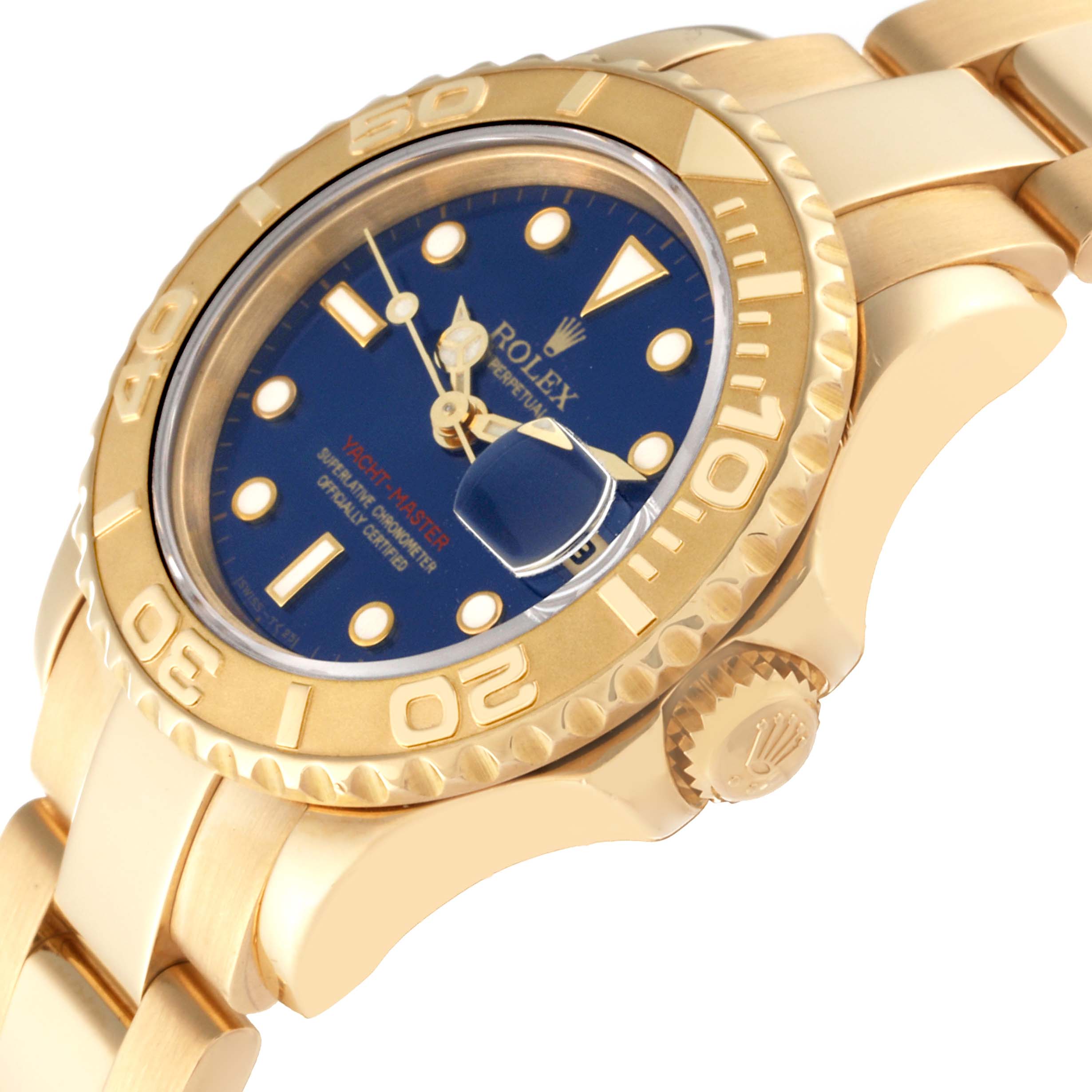 The image shows a close-up side angle of the Rolex Yacht-Master 69628 Women's Yellow Gold Blue Dial 69628 Women's Yellow Gold Blue Dial watch, highlighting its crown, bezel, and part of the blue dial.