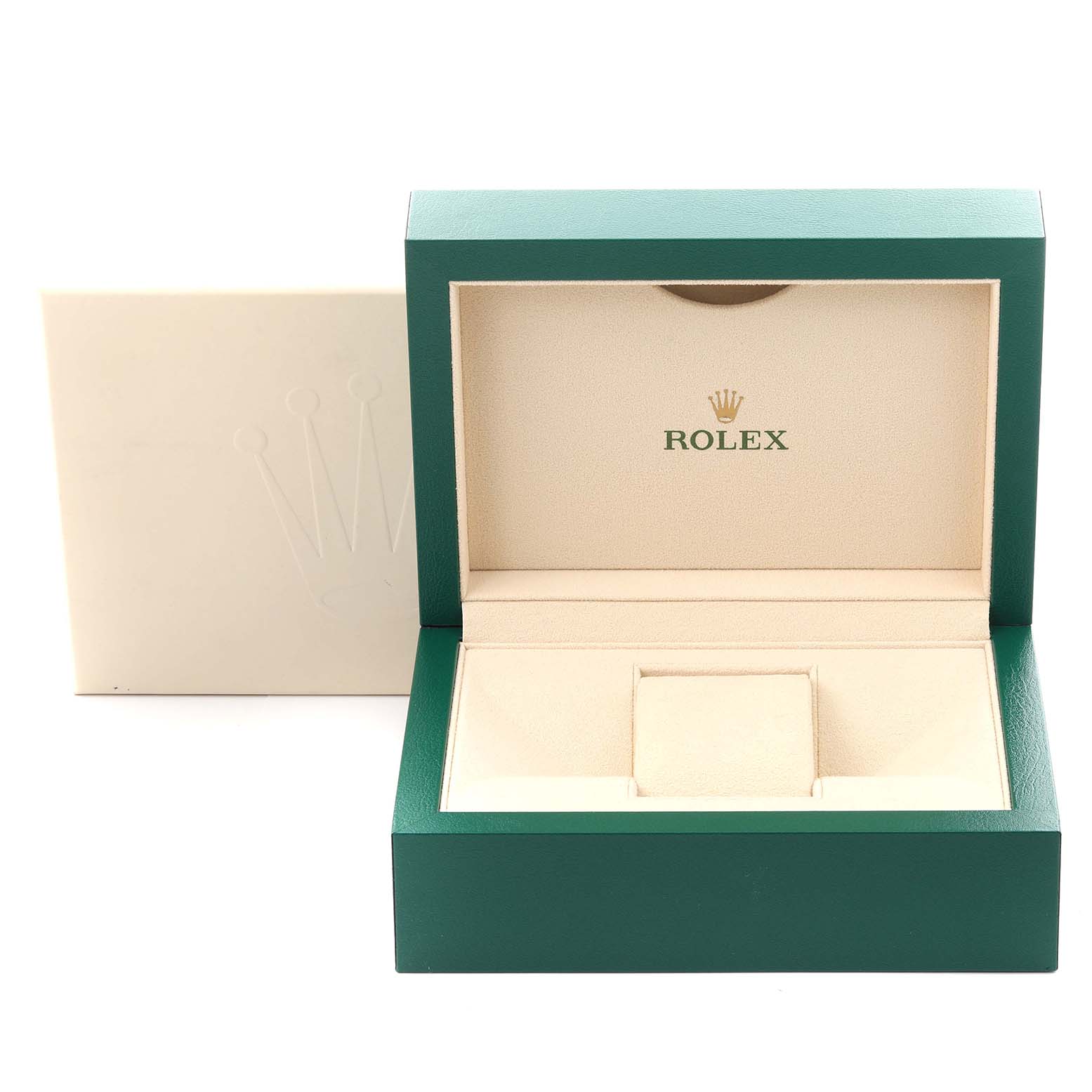 The image shows an open green Rolex watch box and cover for the Yacht-Master model, highlighting the interior.