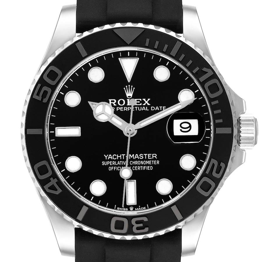 The Rolex Yacht-Master 226659 Men's White Gold Black Dial watch is shown from a front angle, displaying the bezel, dial, hands, and date window.