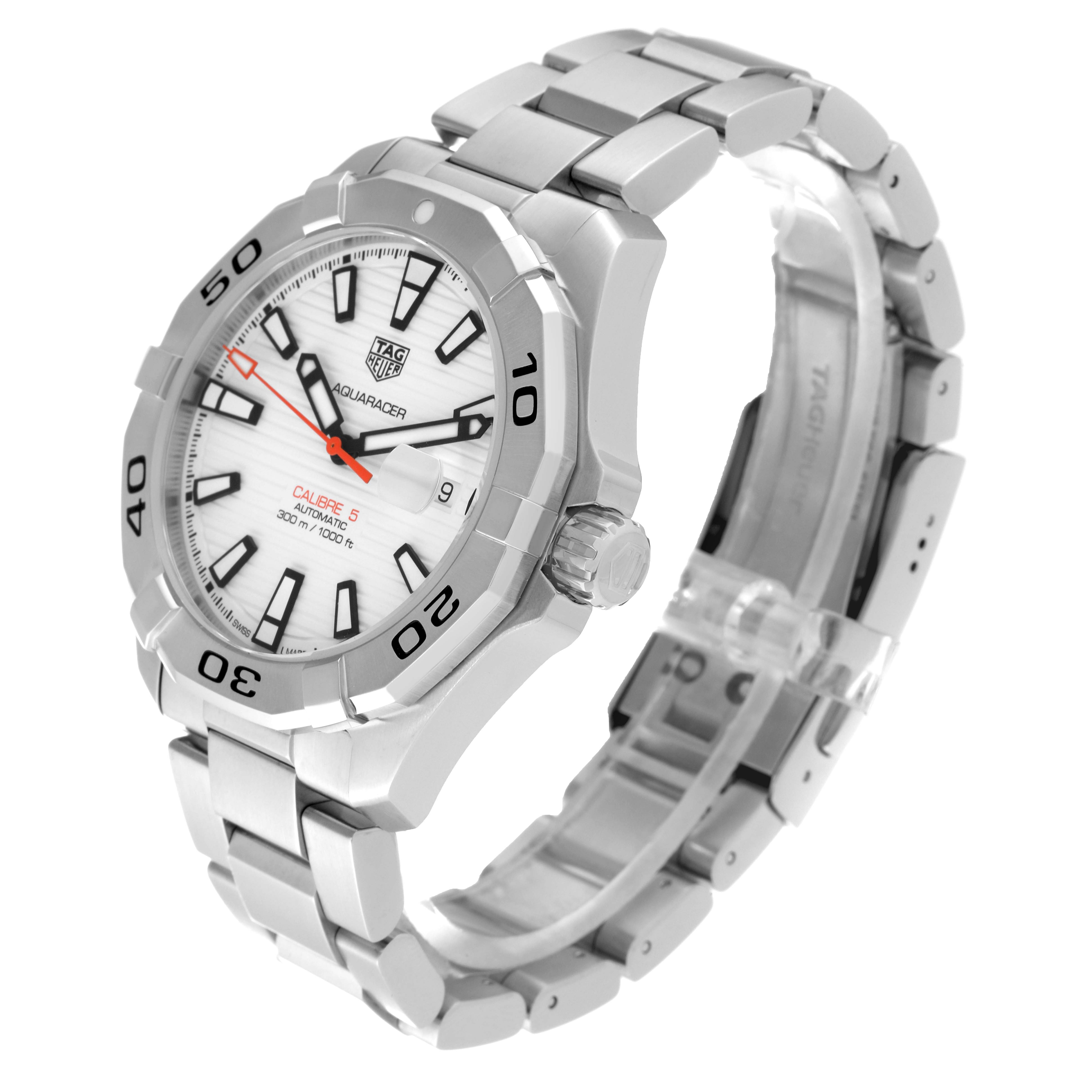 This image shows the Tag Heuer Aquaracer WAY2013.BA0927 Men's Stainless Steel White Dial WAY2013.BA0927 Men's Stainless Steel White Dial watch at an angled side view, highlighting the face, bezel, crown, and the metal bracelet.