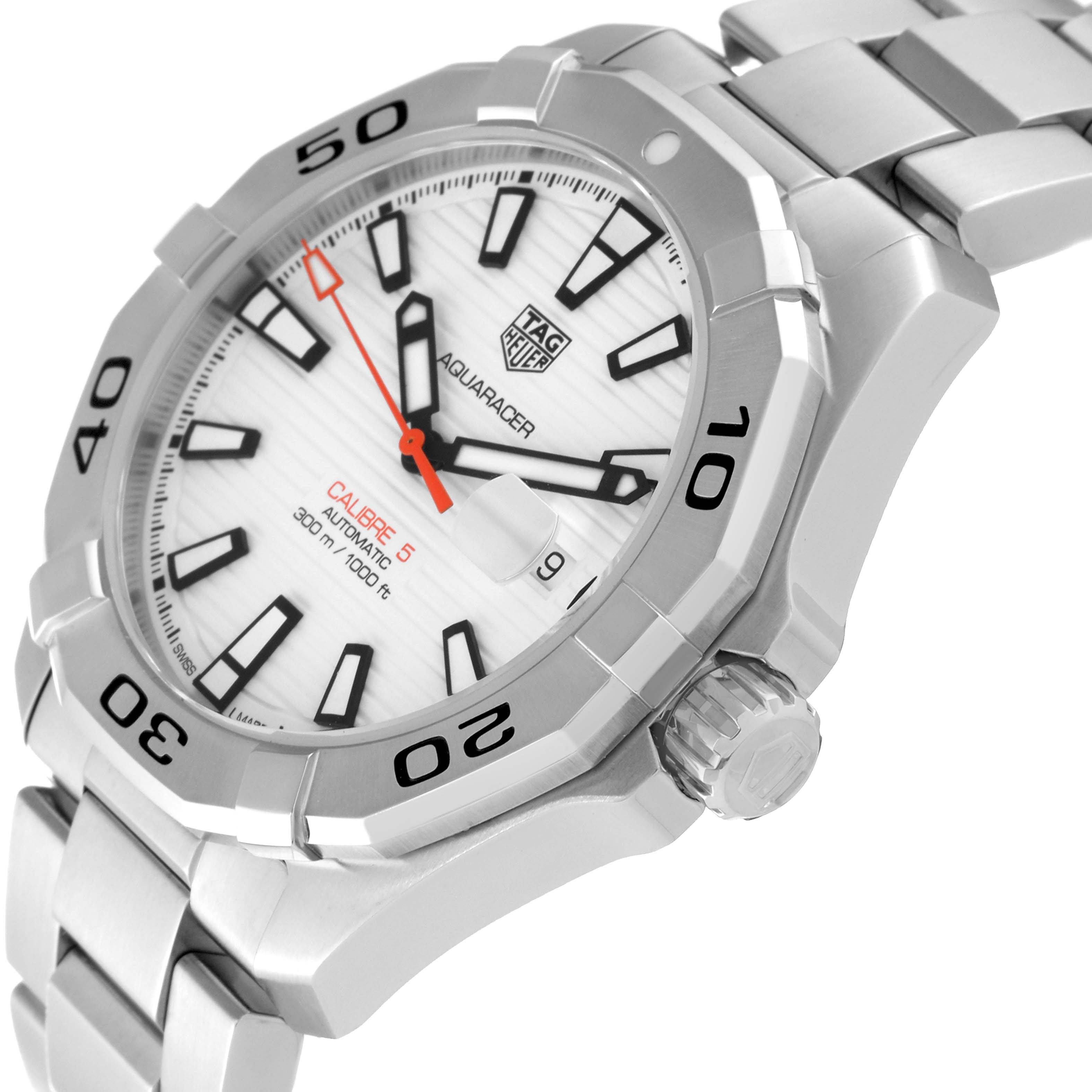 The image shows a side and front angle of a Tag Heuer Aquaracer WAY2013.BA0927 Men's Stainless Steel White Dial WAY2013.BA0927 Men's Stainless Steel White Dial watch, featuring its bezel, dial, crown, and part of the bracelet.