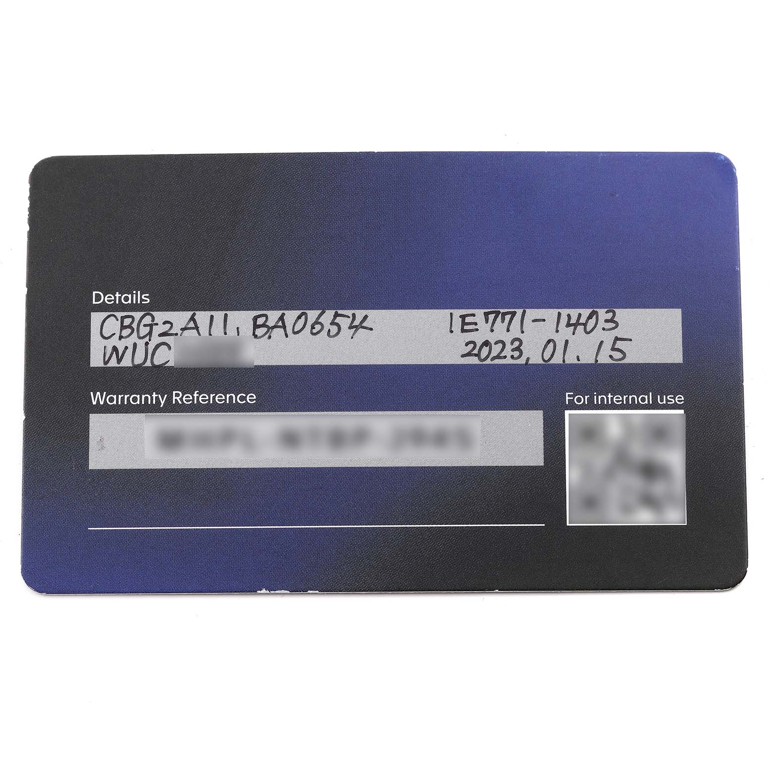 This image shows the warranty card for the Tag Heuer Carrera CBG2A11.BA0654 Men's Stainless Steel Blue Dial CBG2A11.BA0654 Men's Stainless Steel Blue Dial model watch.