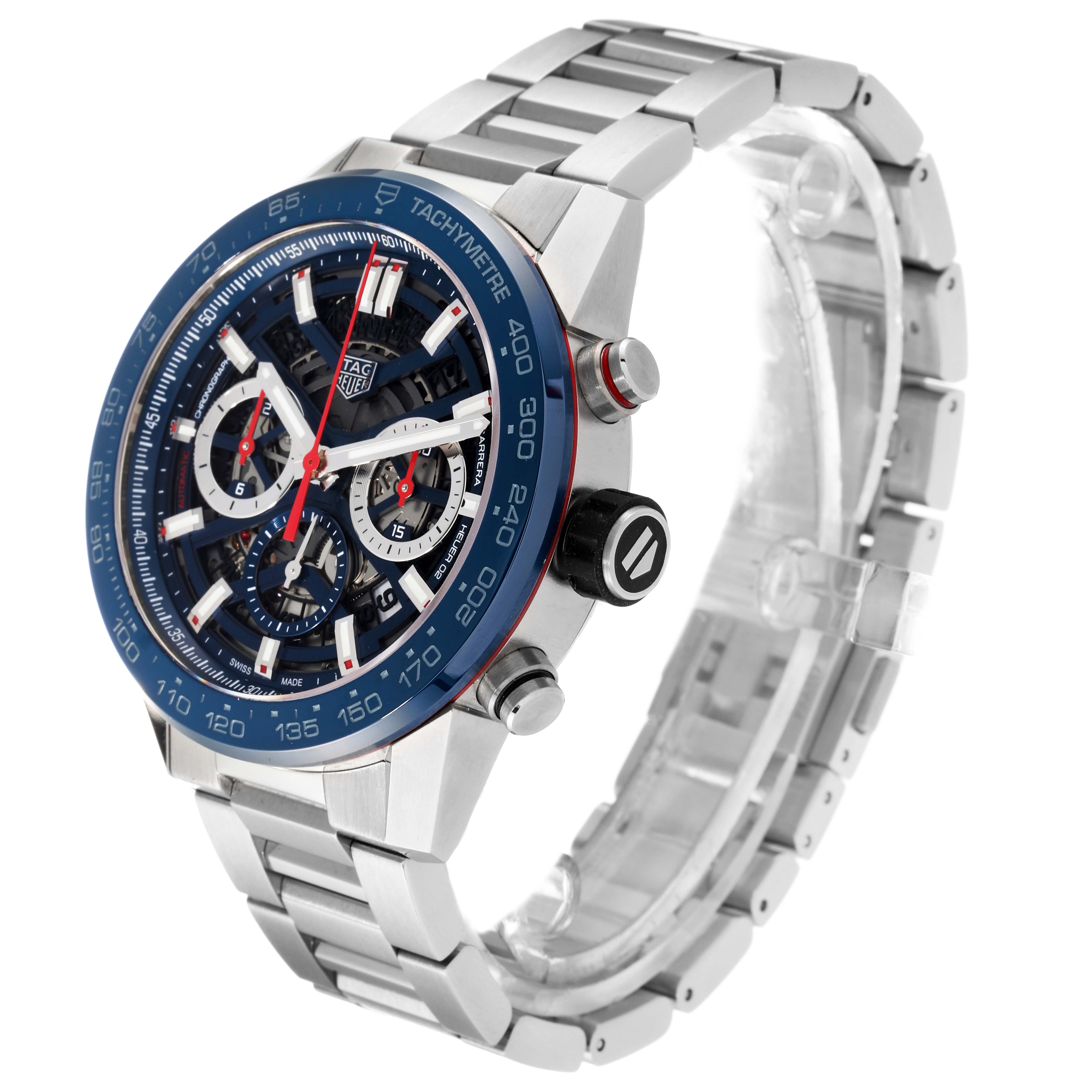 The image shows a Tag Heuer Carrera CBG2A11.BA0654 Men's Stainless Steel Blue Dial CBG2A11.BA0654 Men's Stainless Steel Blue Dial watch from a slight side angle, highlighting the face, bezel, crown, and stainless steel bracelet.