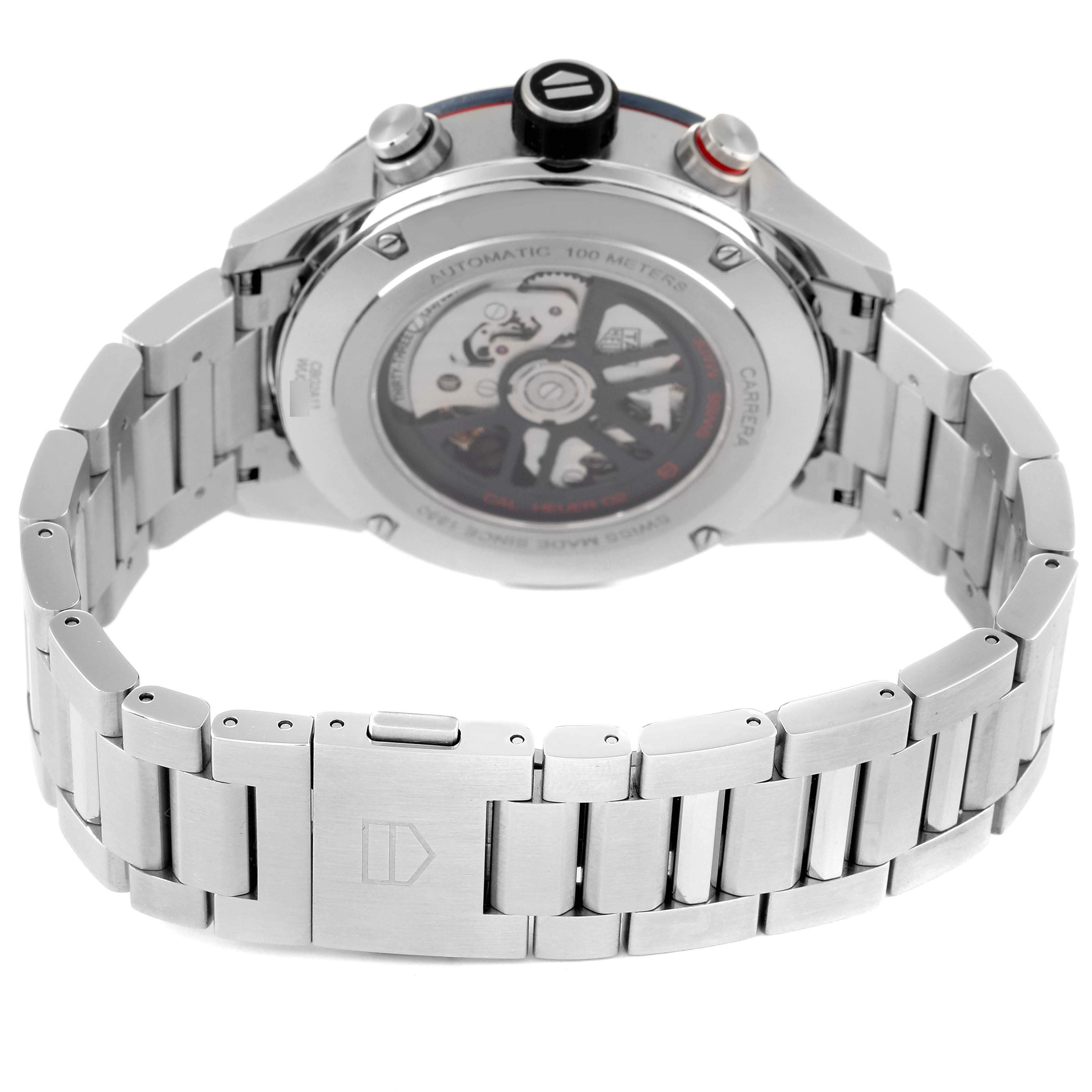 The image shows the back view of a Tag Heuer Carrera CBG2A11.BA0654 Men's Stainless Steel Blue Dial CBG2A11.BA0654 Men's Stainless Steel Blue Dial watch, highlighting the case back and metal bracelet.