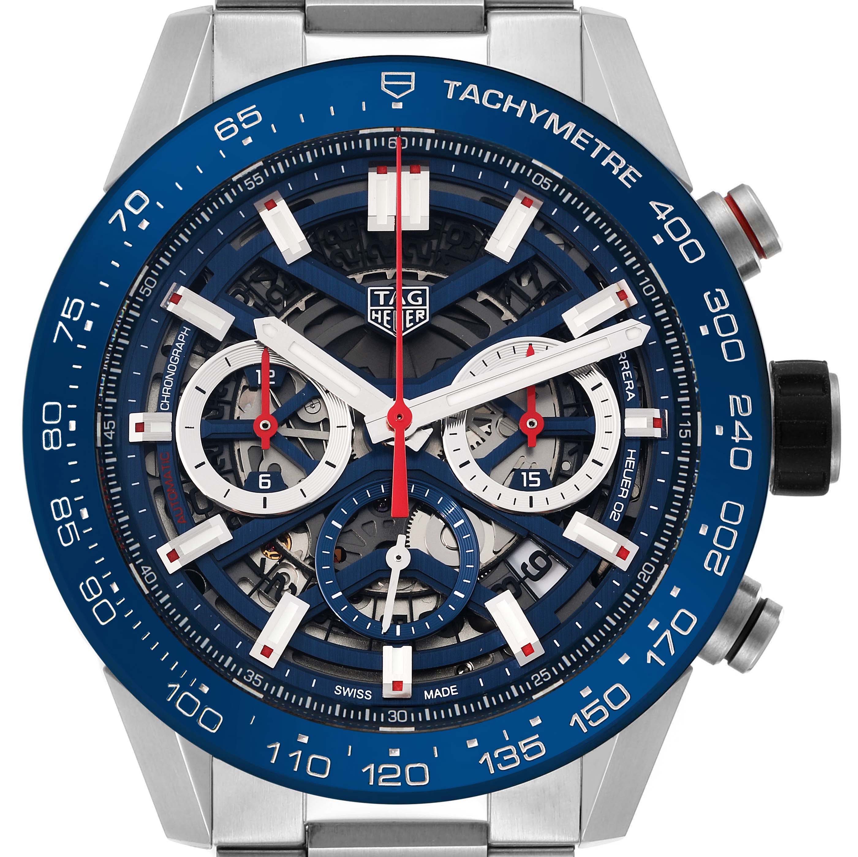 The image shows a front view of a Tag Heuer Carrera CBG2A11.BA0654 Men's Stainless Steel Blue Dial CBG2A11.BA0654 Men's Stainless Steel Blue Dial watch, highlighting the face, tachymeter, and chronograph sub-dials.