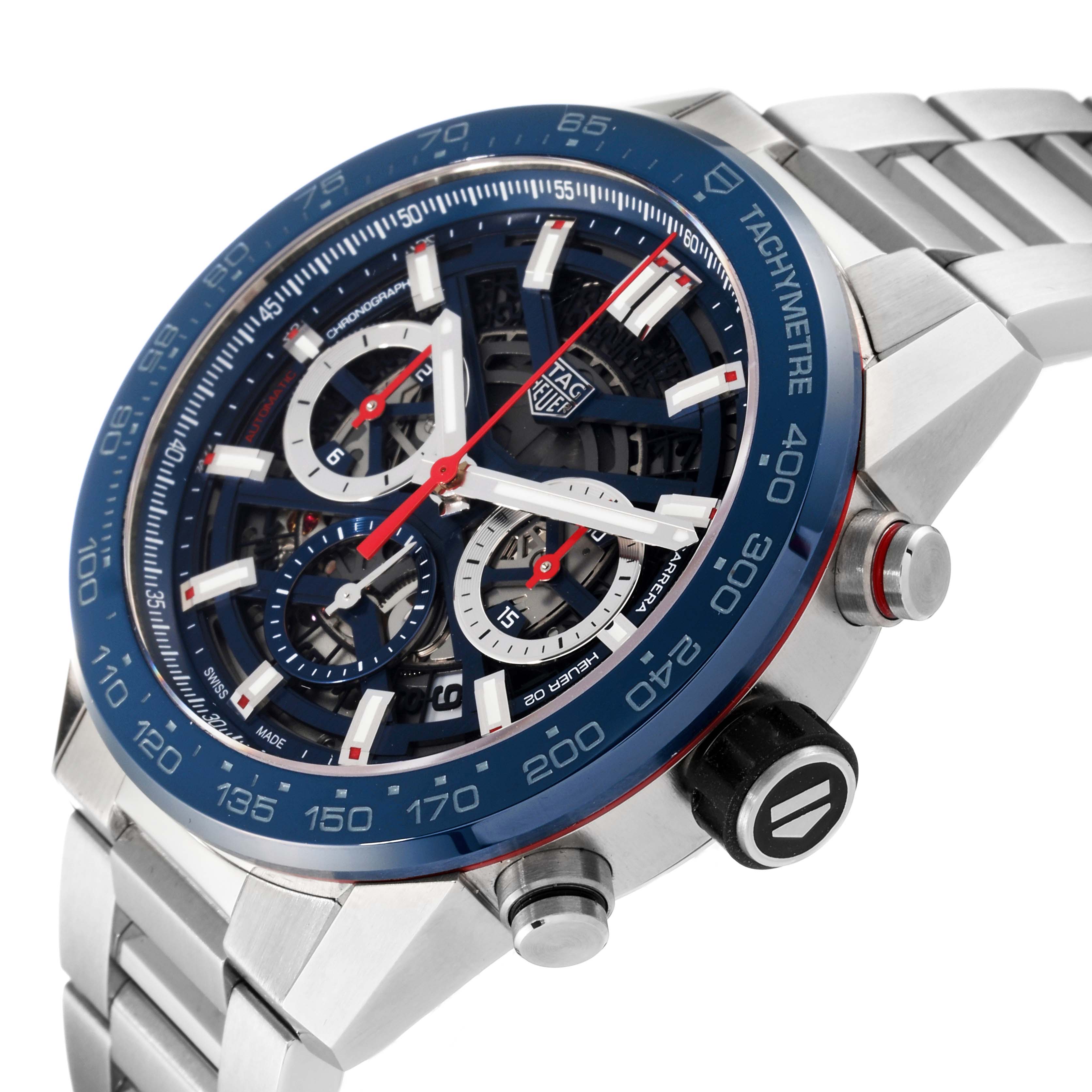 The image shows a close-up angle of the Tag Heuer Carrera CBG2A11.BA0654 Men's Stainless Steel Blue Dial CBG2A11.BA0654 Men's Stainless Steel Blue Dial watch, highlighting the face, bezel, and part of the metal bracelet.