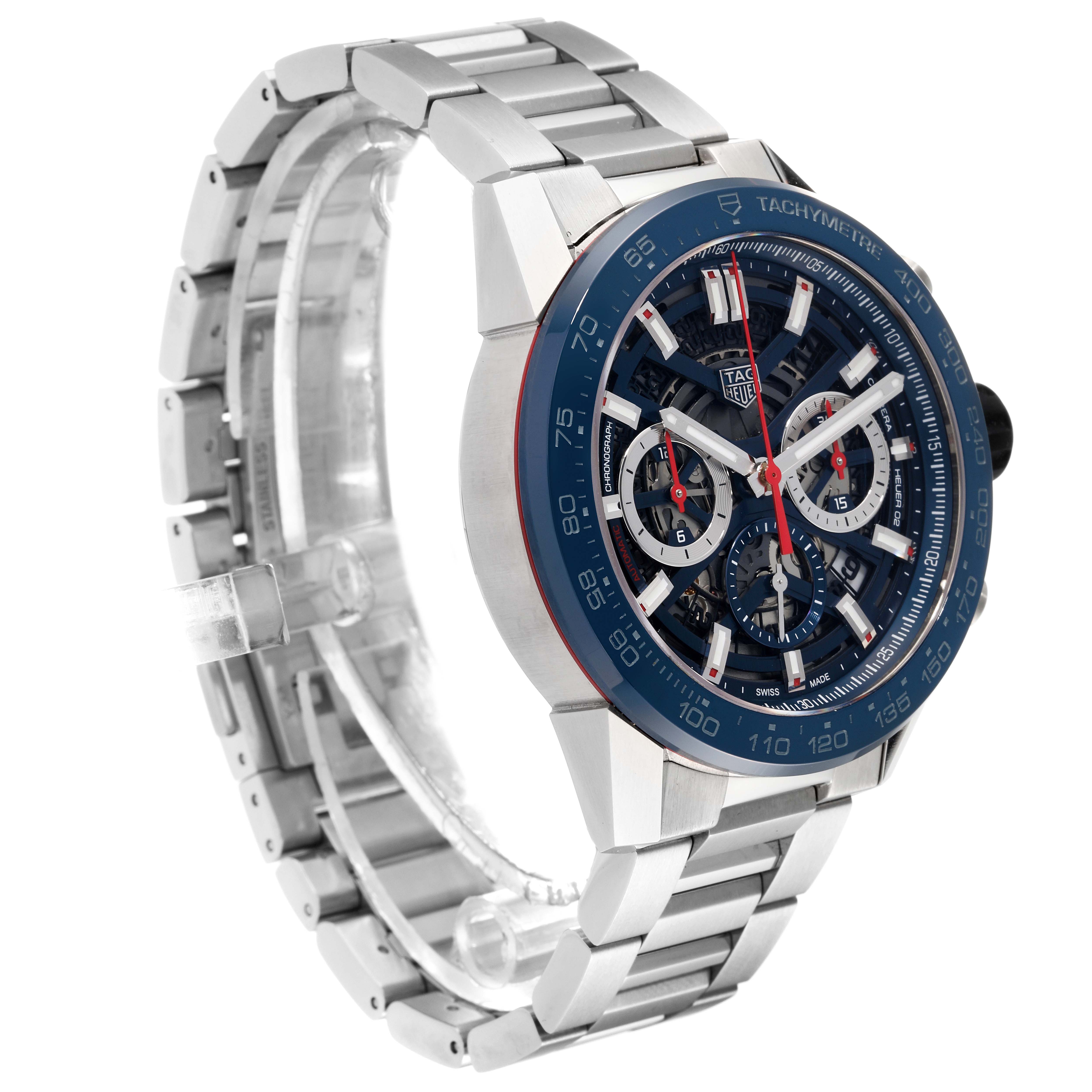 The image shows a side angle of a Tag Heuer Carrera CBG2A11.BA0654 Men's Stainless Steel Blue Dial CBG2A11.BA0654 Men's Stainless Steel Blue Dial watch, highlighting the bracelet, tachymeter bezel, and intricate dial.