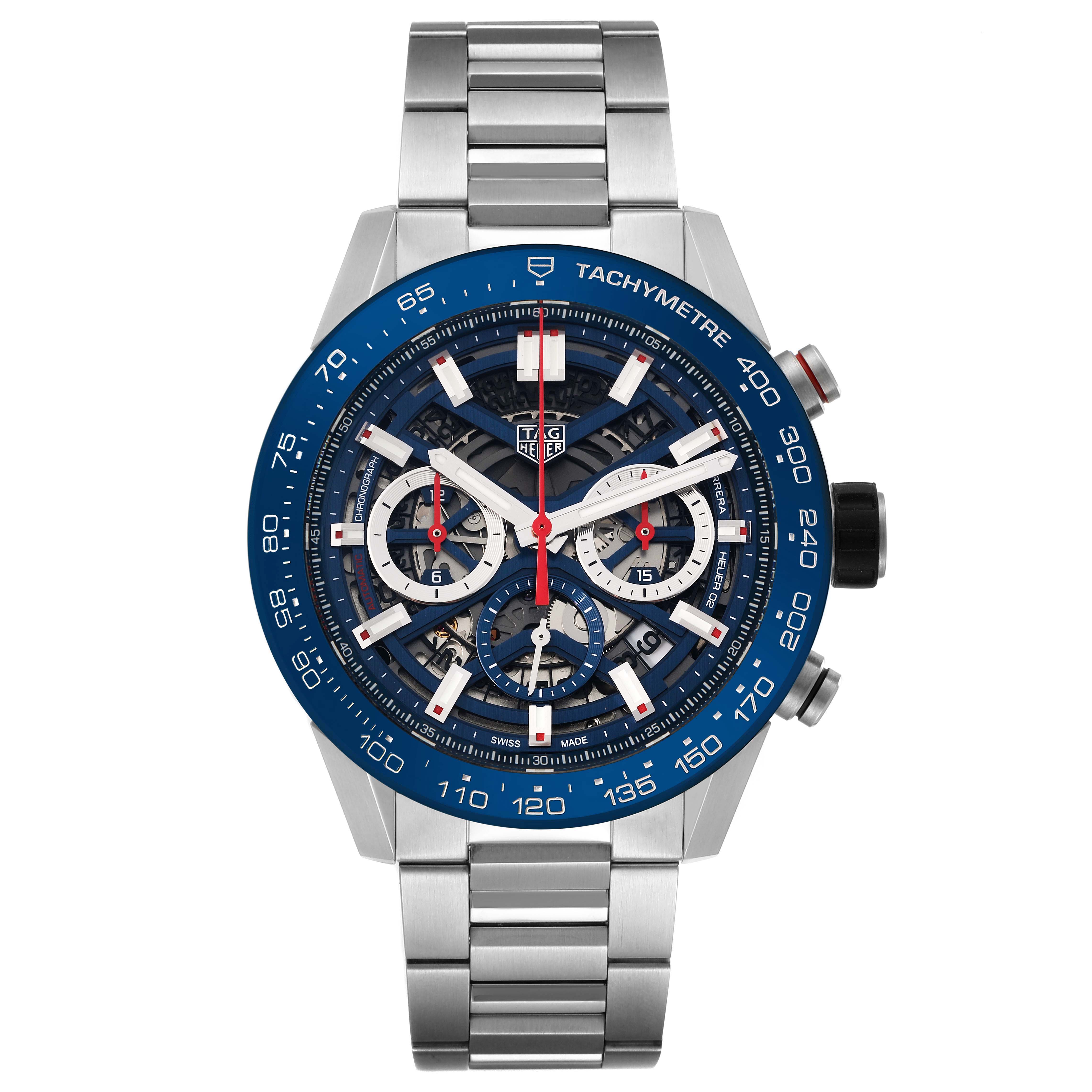 The image shows a front view of the Tag Heuer Carrera CBG2A11.BA0654 Men's Stainless Steel Blue Dial CBG2A11.BA0654 Men's Stainless Steel Blue Dial watch, highlighting the blue tachymeter, skeleton dial, and metal bracelet.