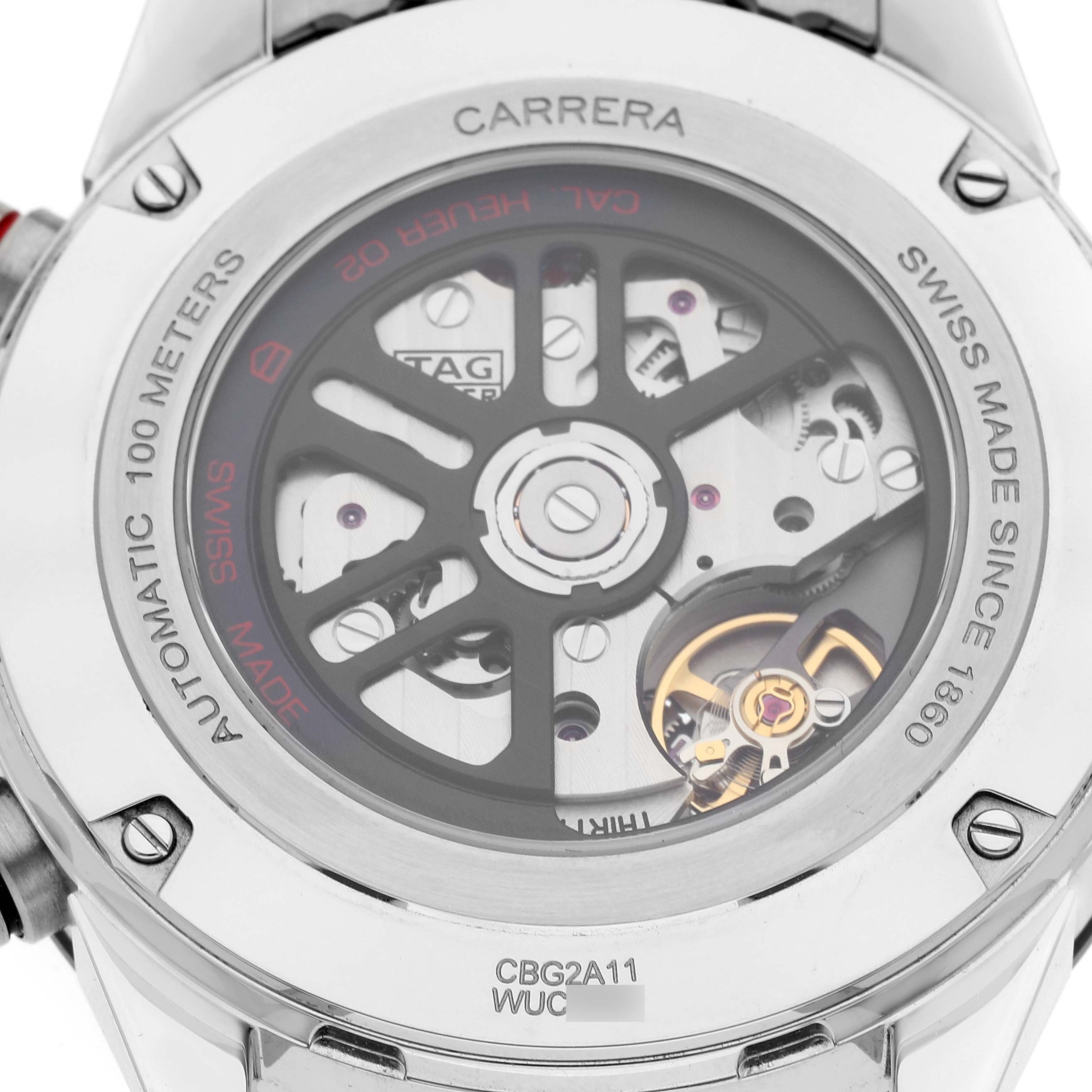 This is the back view of a Tag Heuer Carrera CBG2A11.BA0654 Men's Stainless Steel Blue Dial CBG2A11.BA0654 Men's Stainless Steel Blue Dial watch, showcasing its automatic movement and internal mechanics.