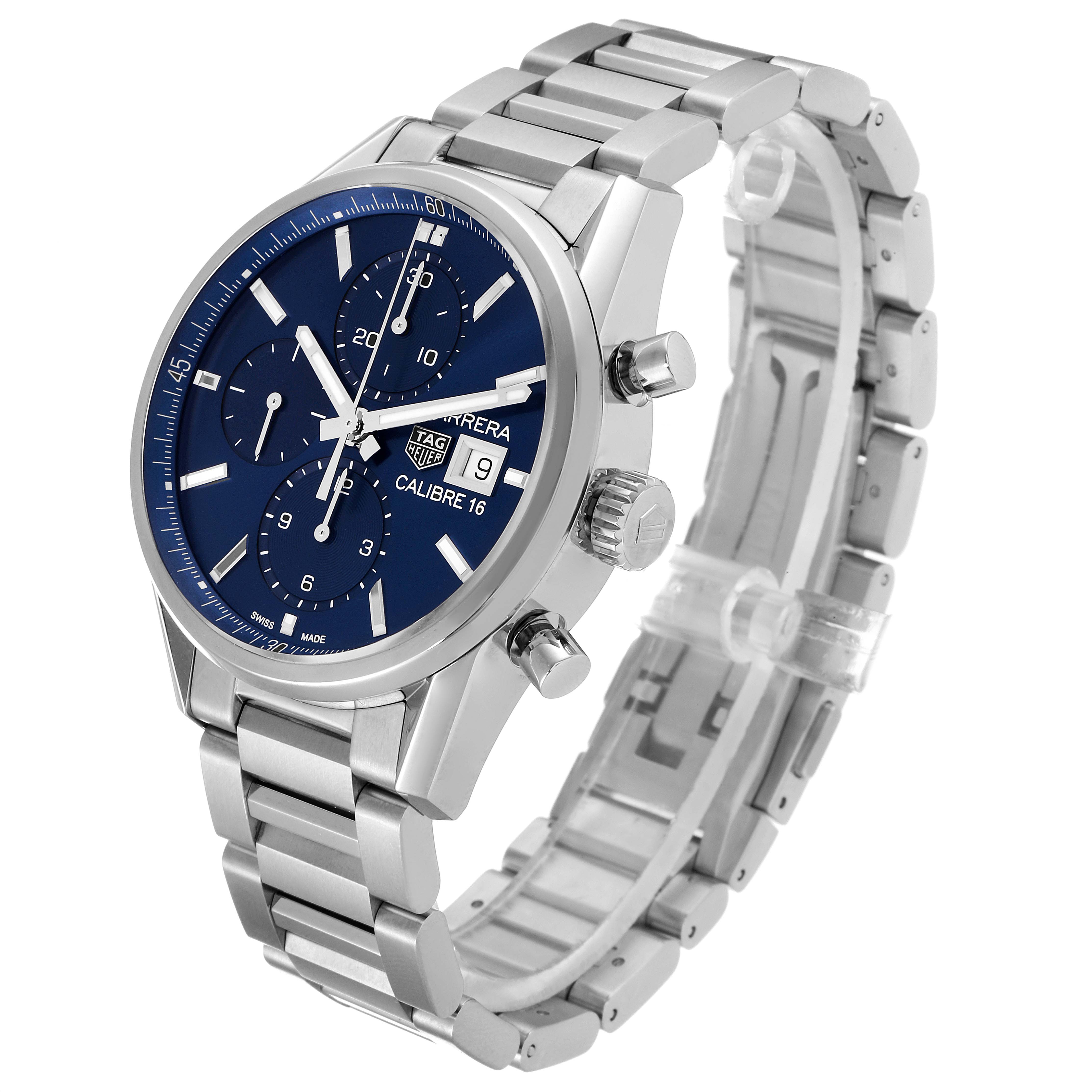 The Tag Heuer Carrera CBK2112.BA0715 Men
s Stainless Steel Blue Dial CBK2112.BA0715 Men
s Stainless Steel Blue Dial watch is shown at a three-quarter angle, highlighting its blue dial, stainless steel case, and bracelet.