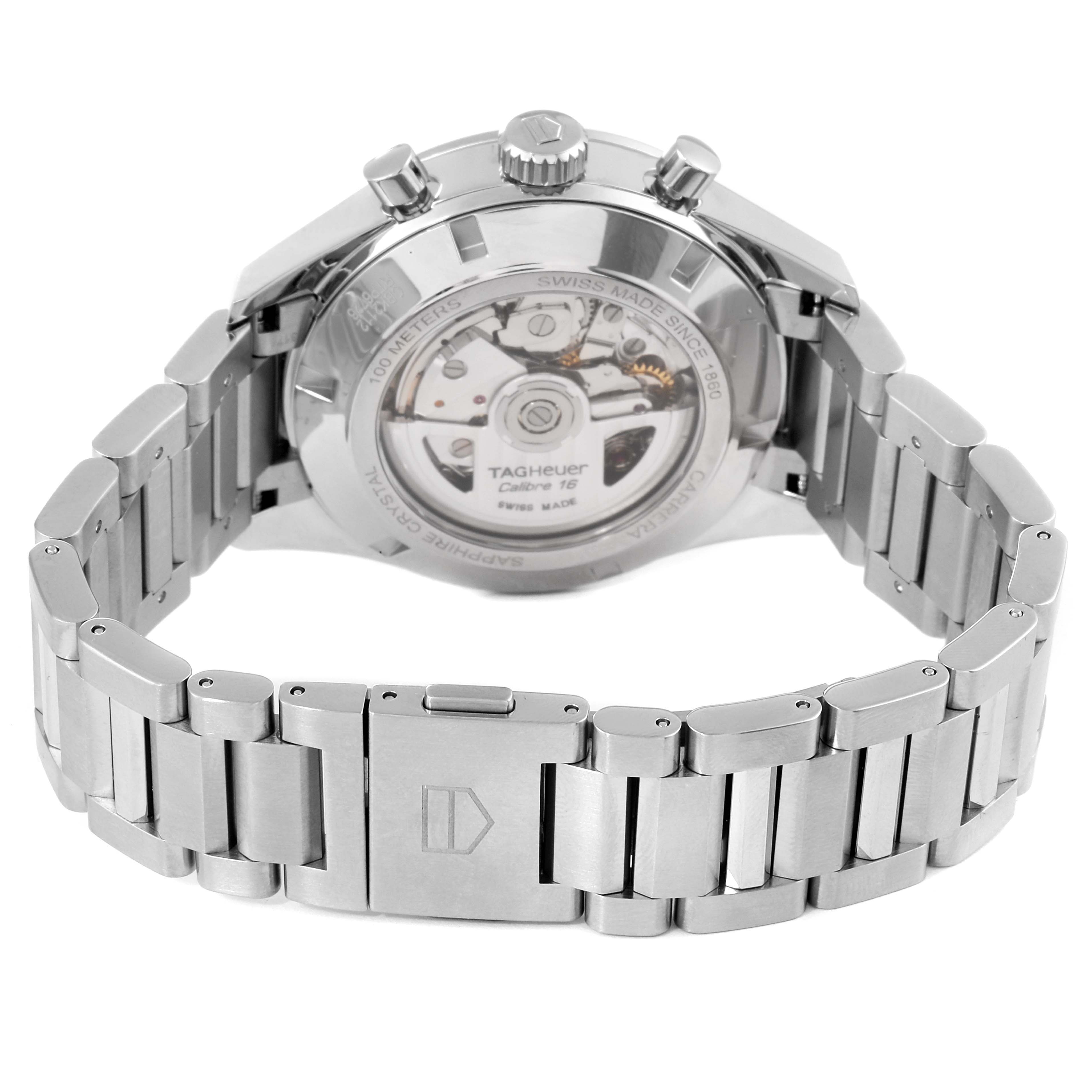 The image shows the back of a Tag Heuer Carrera CBK2112.BA0715 Men
s Stainless Steel Blue Dial CBK2112.BA0715 Men
s Stainless Steel Blue Dial watch, highlighting its transparent case back, bracelet, and clasp.