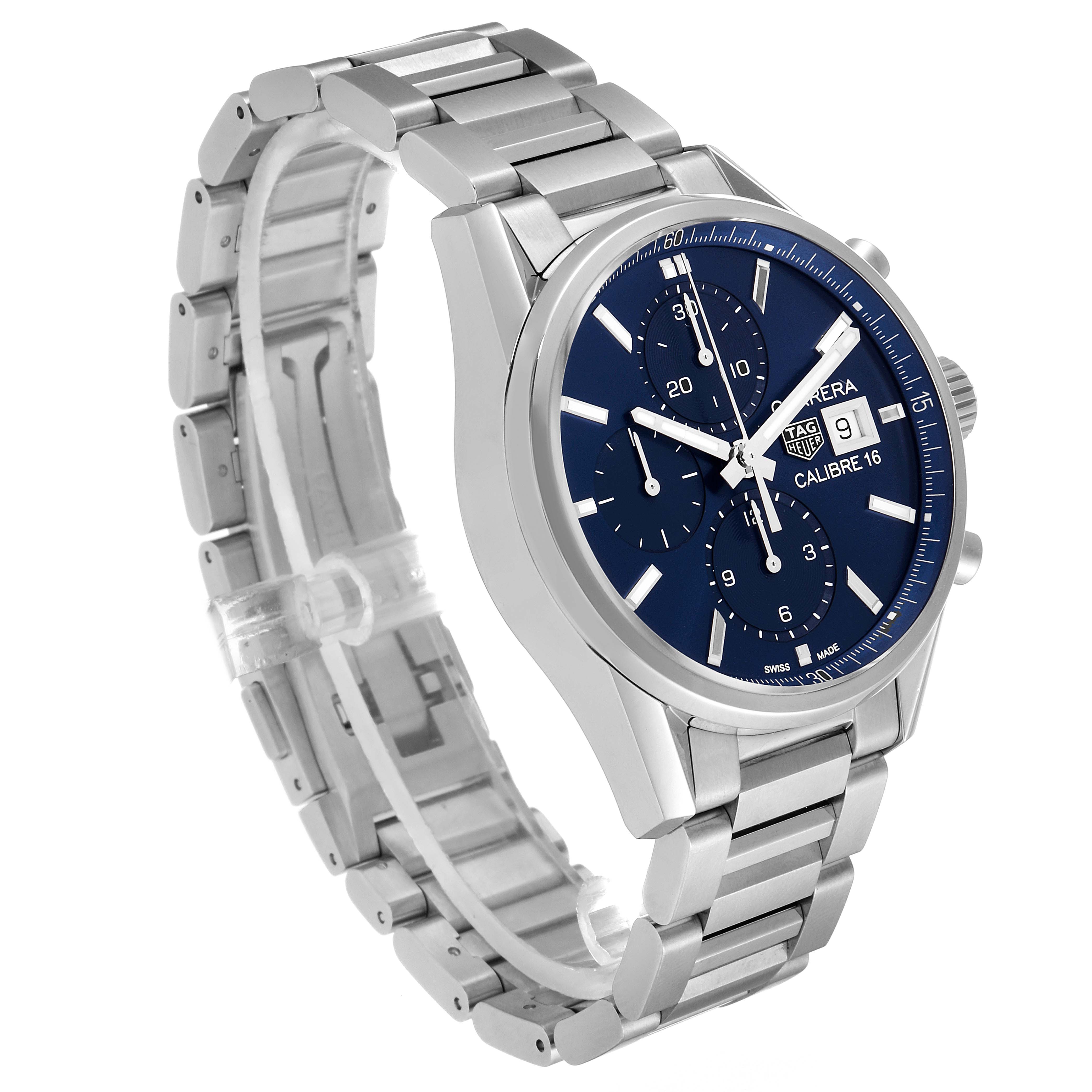 The image shows a side perspective of a Tag Heuer Carrera CBK2112.BA0715 Men
s Stainless Steel Blue Dial CBK2112.BA0715 Men
s Stainless Steel Blue Dial watch with a stainless steel bracelet and a blue dial.