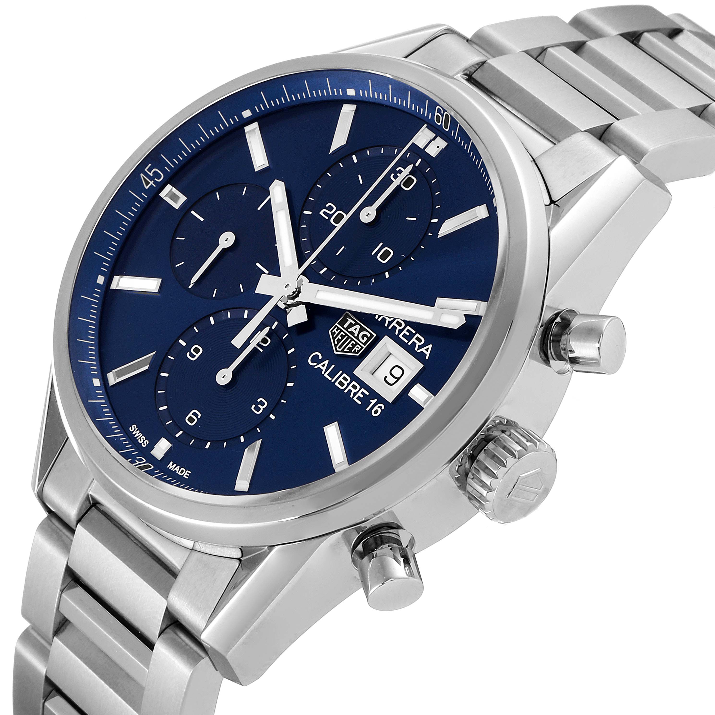 The Tag Heuer Carrera CBK2112.BA0715 Men
s Stainless Steel Blue Dial CBK2112.BA0715 Men
s Stainless Steel Blue Dial watch is shown at an angle highlighting its face, chronograph dials, crown, pushers, and metal bracelet.