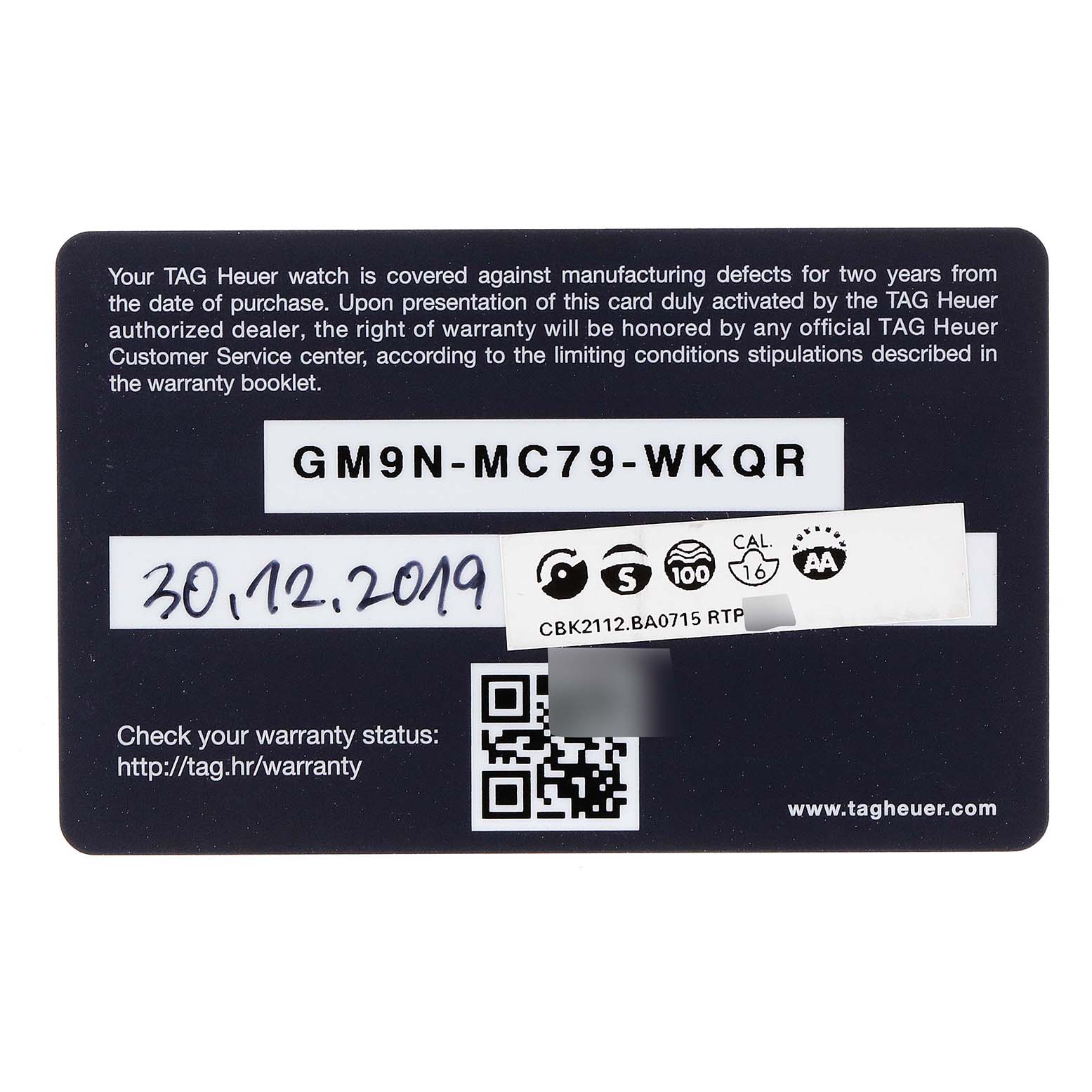 This image shows a warranty card for a Tag Heuer Carrera CBK2112.BA0715 Men
s Stainless Steel Blue Dial CBK2112.BA0715 Men
s Stainless Steel Blue Dial watch.