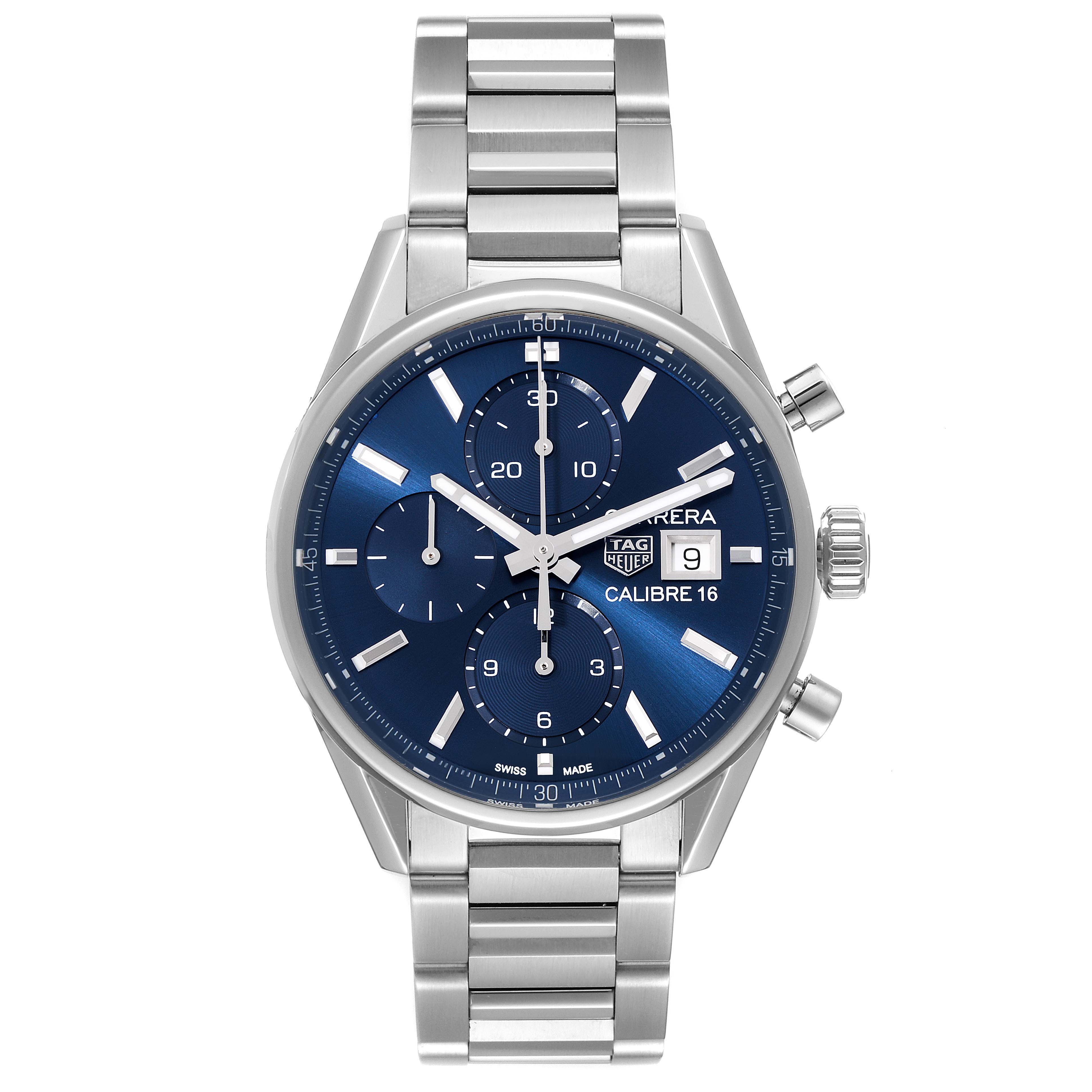 The image shows a Tag Heuer Carrera CBK2112.BA0715 Men
s Stainless Steel Blue Dial CBK2112.BA0715 Men
s Stainless Steel Blue Dial watch viewed from the front, displaying the face, dials, and stainless steel bracelet.