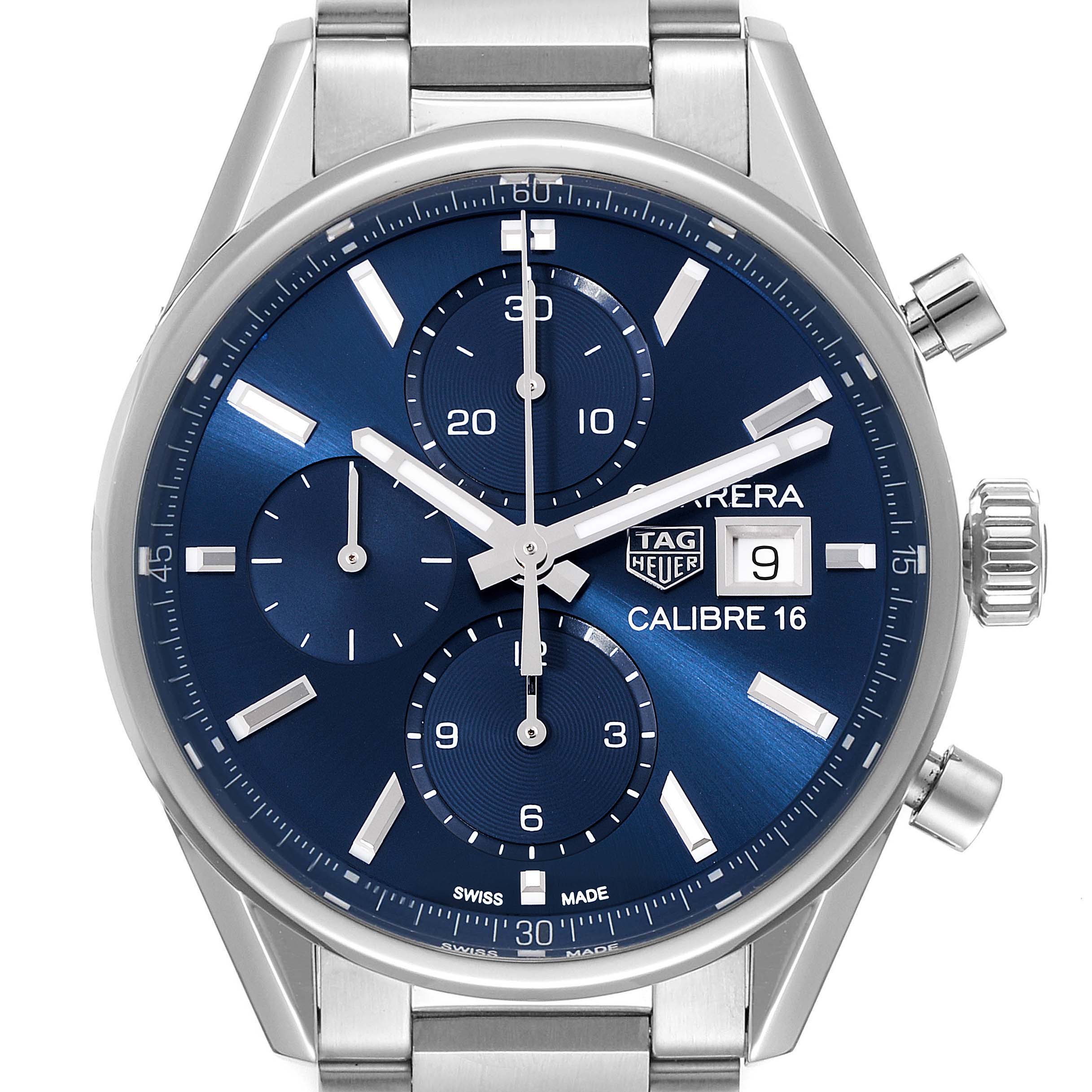 This image shows a close-up of the Tag Heuer Carrera CBK2112.BA0715 Men
s Stainless Steel Blue Dial CBK2112.BA0715 Men
s Stainless Steel Blue Dial Calibre 16 watch face from the front, highlighting its blue dial and chronographs.