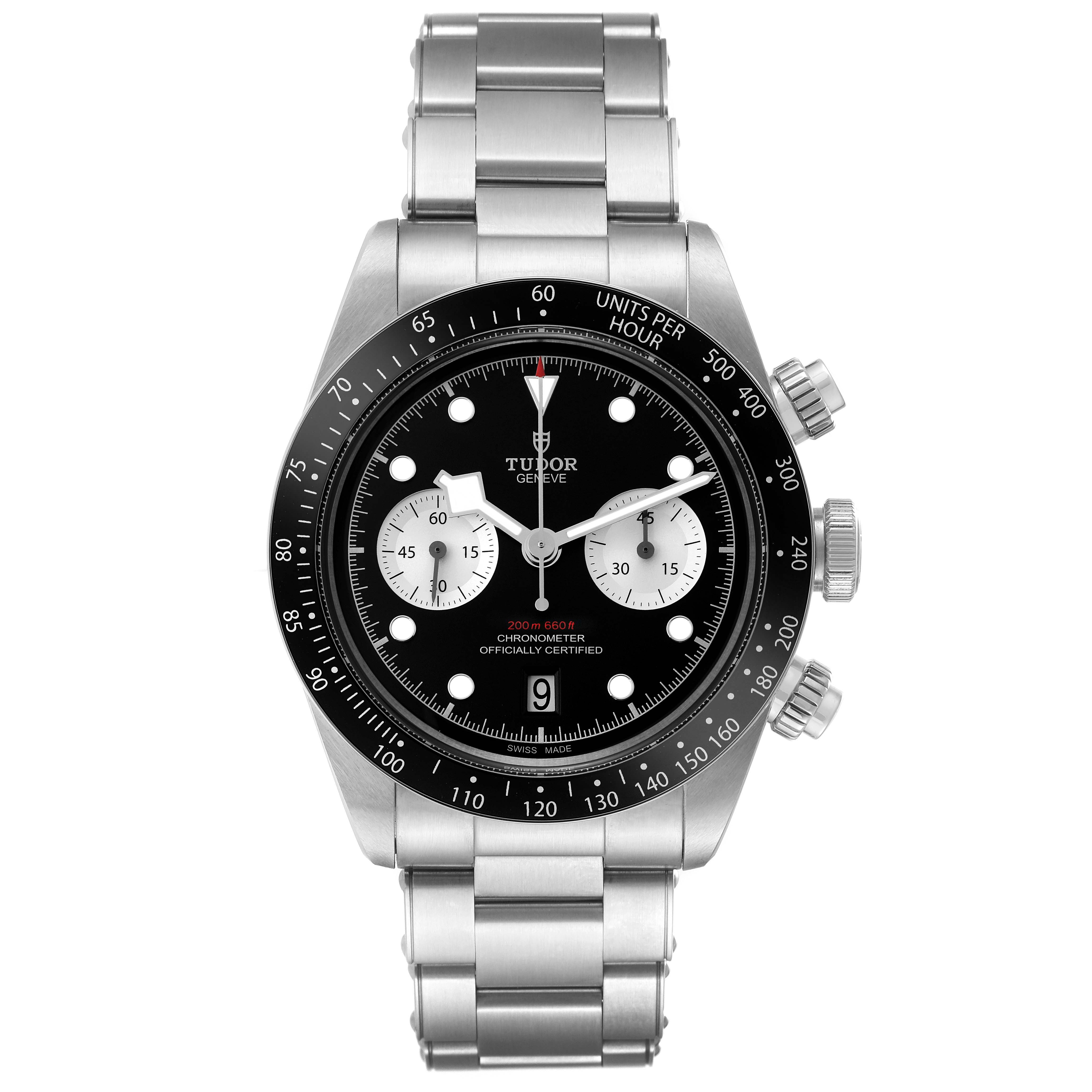 The image shows a front view of a Tudor Heritage Black Bay watch, displaying the face, bezel, and bracelet.