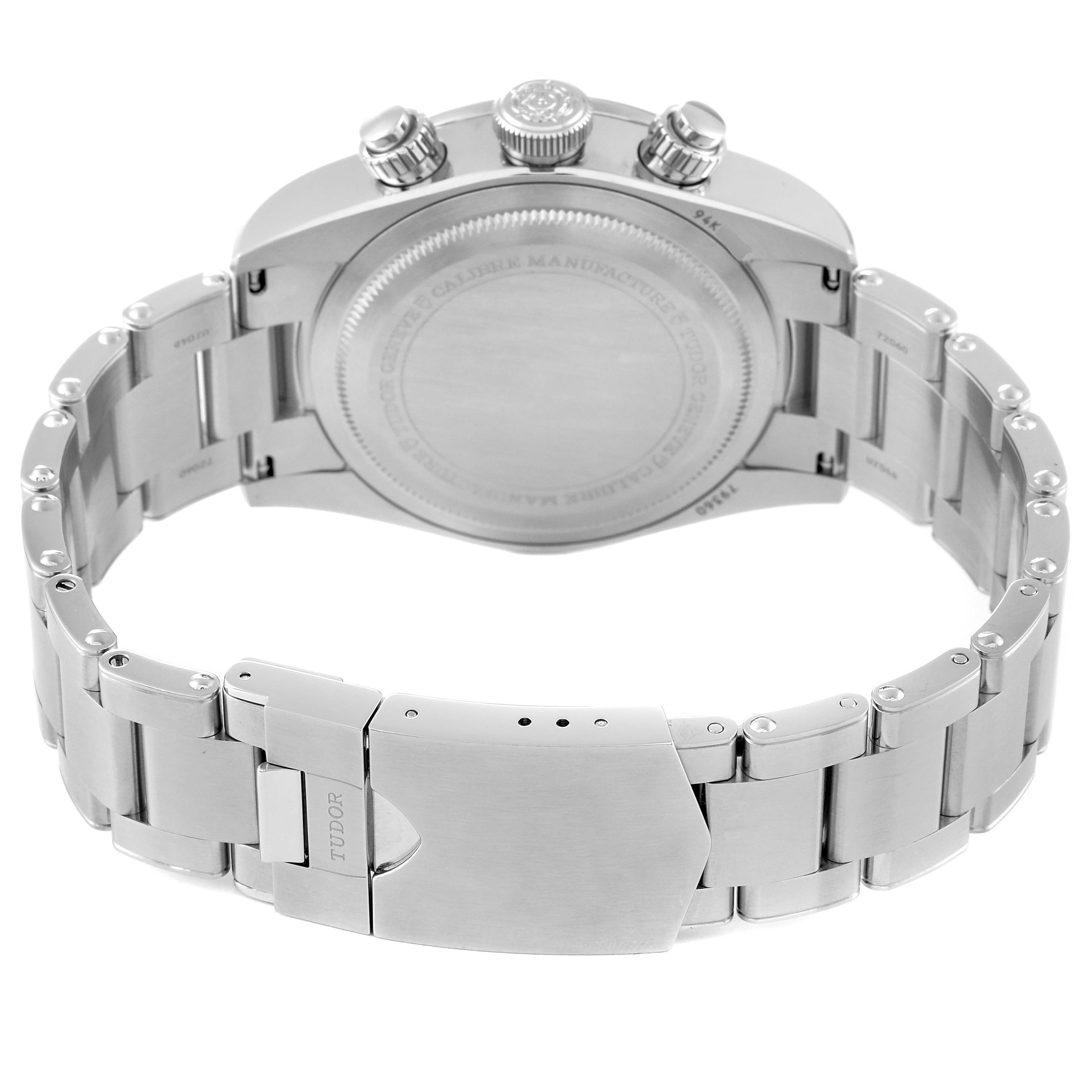 The image shows the back view of the Tudor Heritage Black Bay watch, highlighting its bracelet, clasp, and case back.