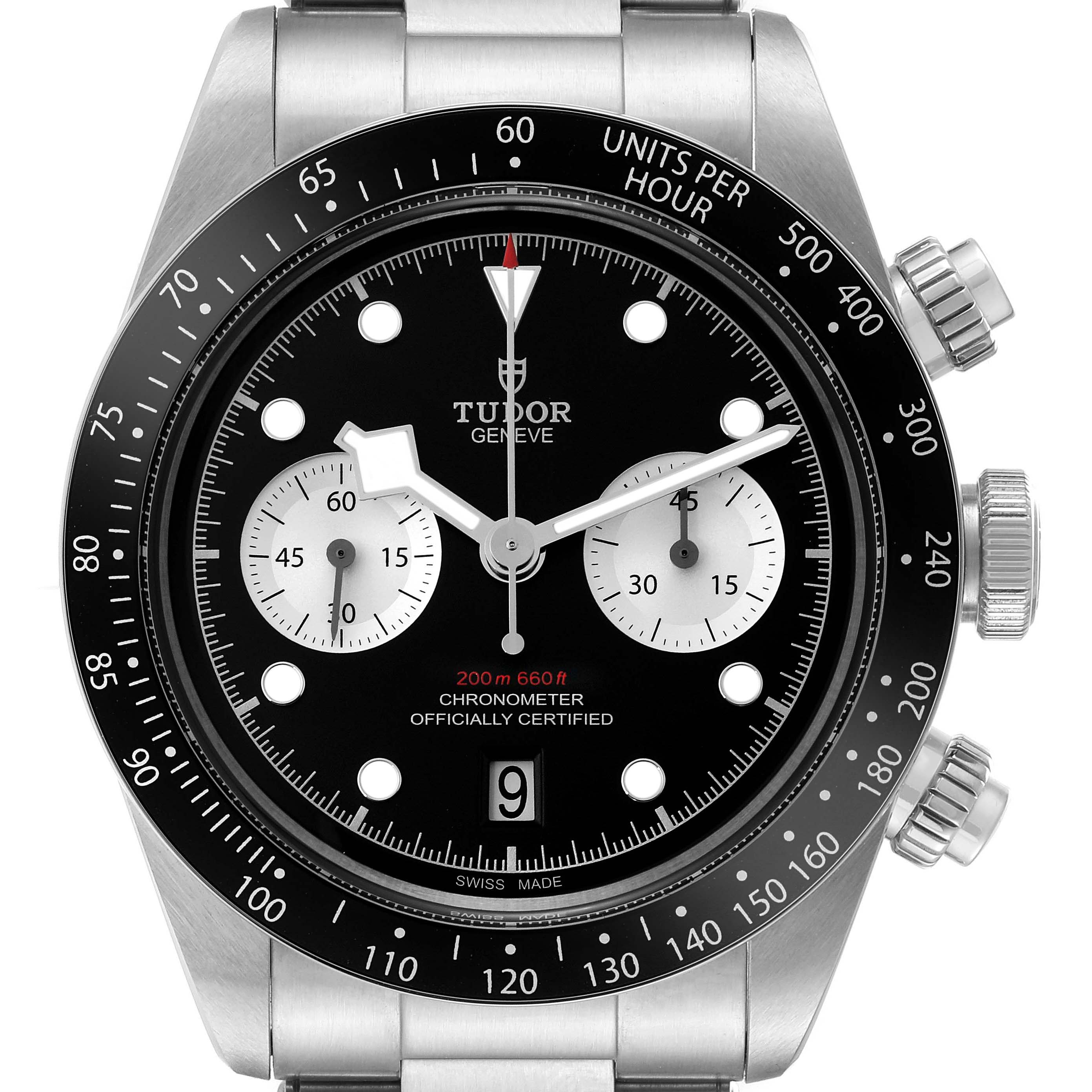 This image shows a frontal view of the Tudor Heritage Black Bay watch, highlighting its dial, bezel, and crown.