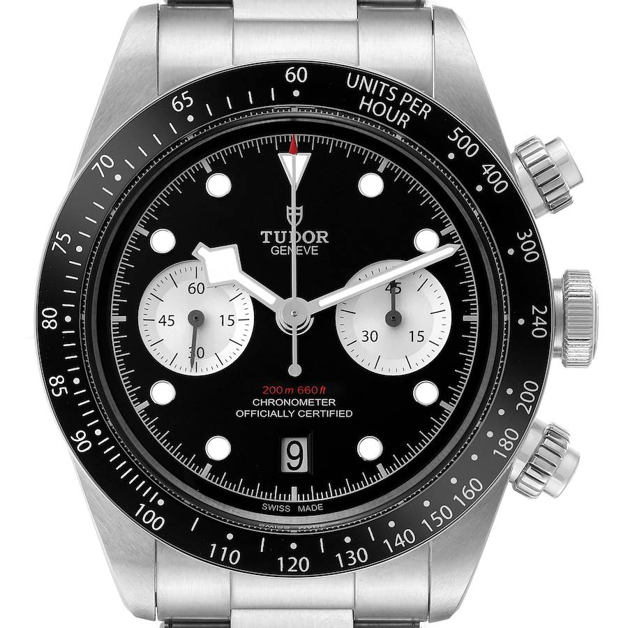 This image shows a frontal view of the Tudor Heritage Black Bay watch, highlighting its dial, bezel, and crown.